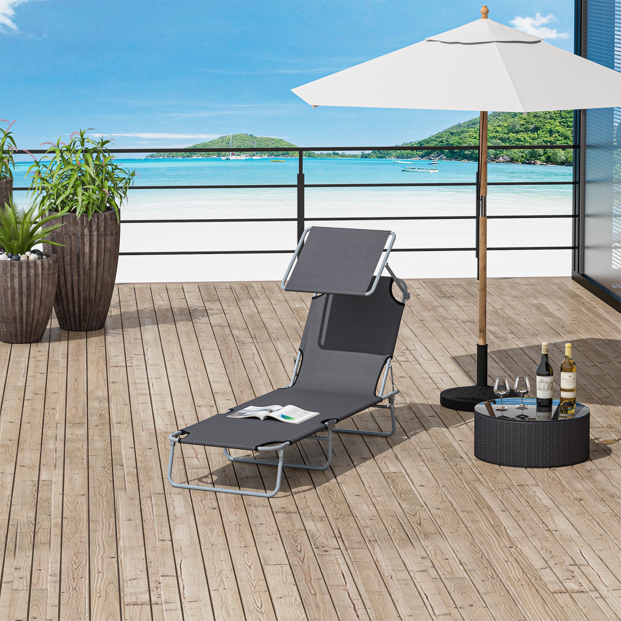 Outdoor Lounge Chair, Adjustable Folding Chaise Lounge,  Tanning Chair with Sun Shade for Beach, Camping, Hiking, Backyard, Grey