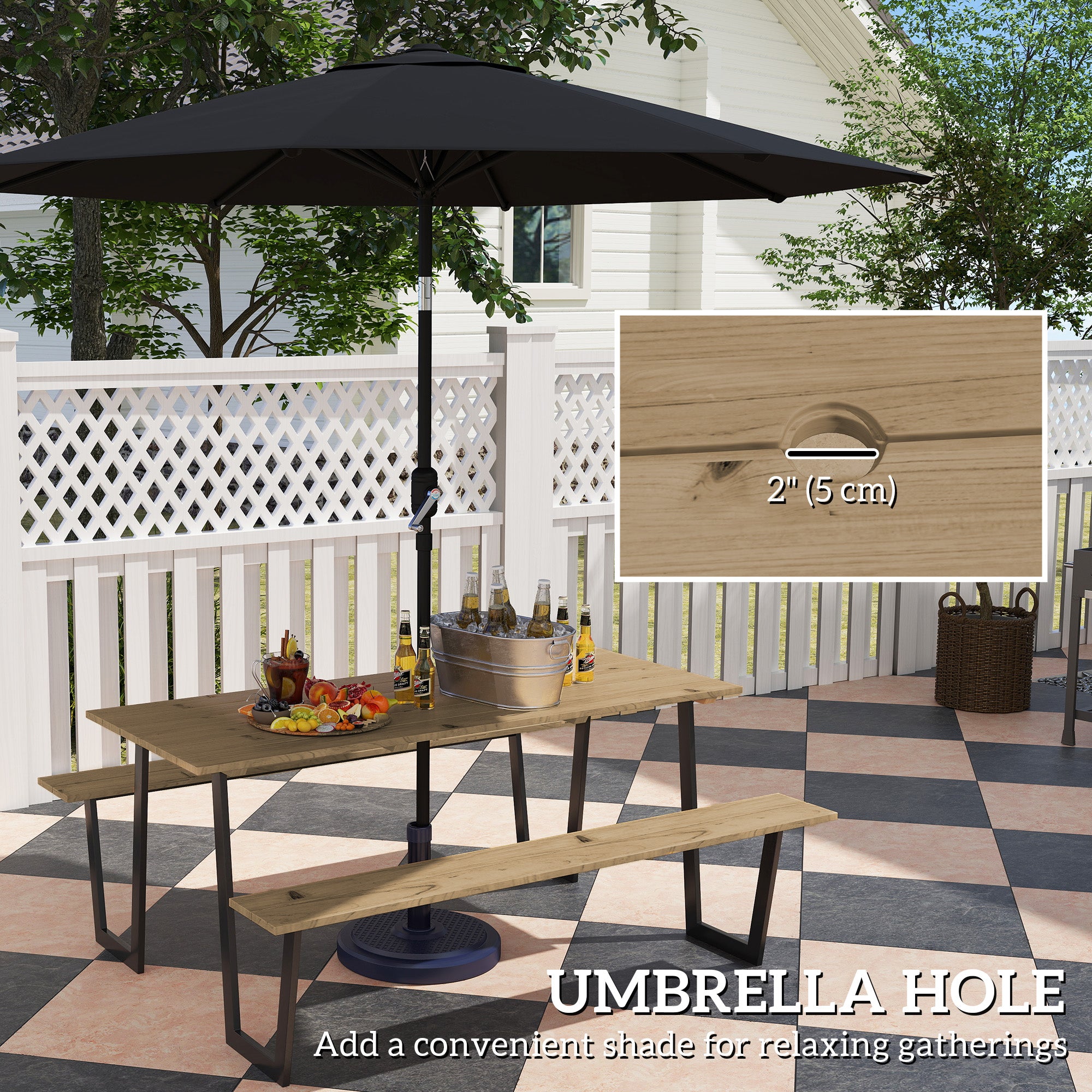 5.7 FT Outdoor Picnic Table with 2" Umbrella Hole, Spruce Wood Dining Table and 795 LBS Benches with Steel Frame, Brown