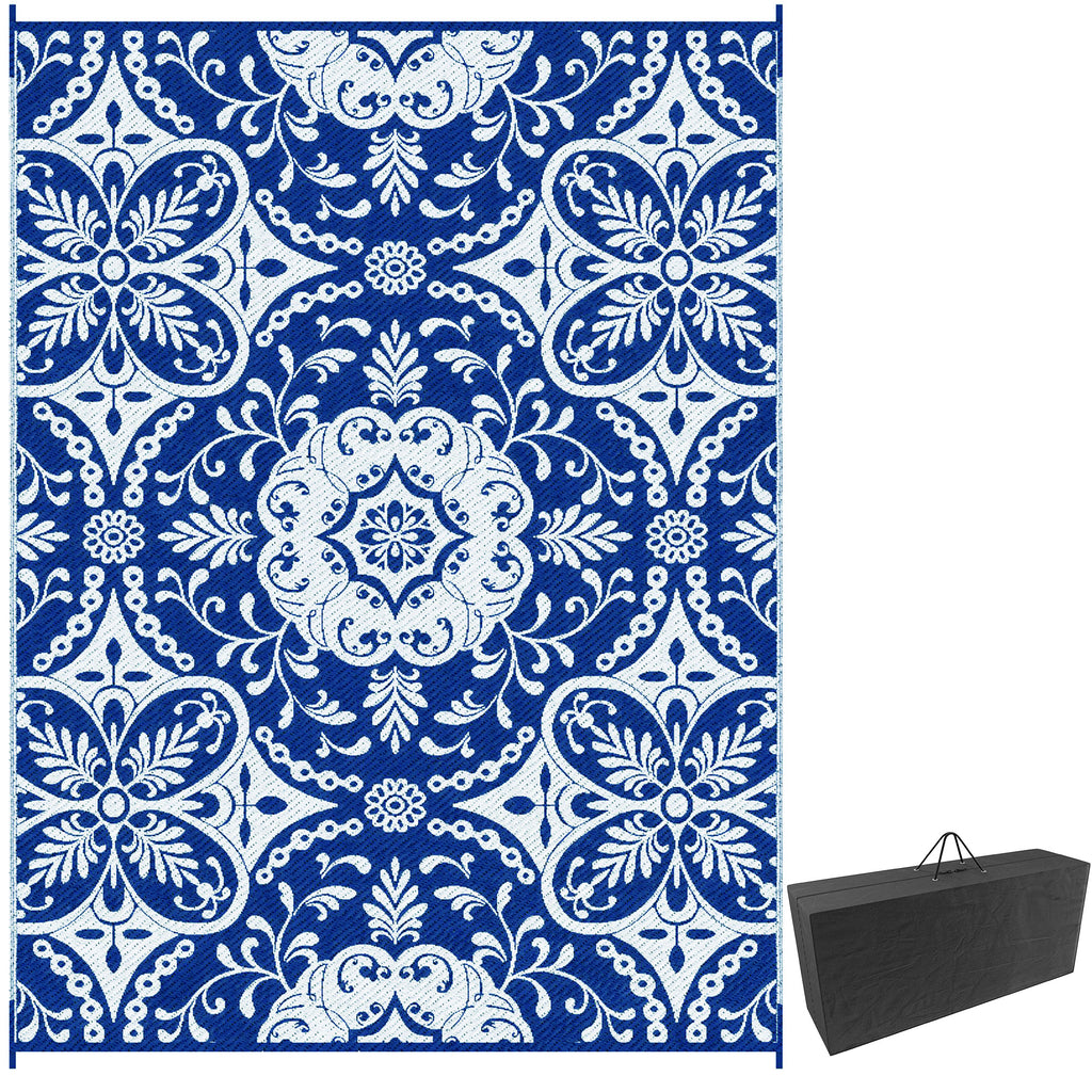Portable Outdoor Rug with Carry Bag, 9' x 12' Reversible Mat, Waterproof Plastic Straw RV Rug for Backyard, Deck, Picnic, Beach, Camping, Blue & White Flower