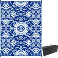 Portable Outdoor Rug with Carry Bag, 9' x 12' Reversible Mat, Waterproof Plastic Straw RV Rug for Backyard, Deck, Picnic, Beach, Camping, Blue & White Flower