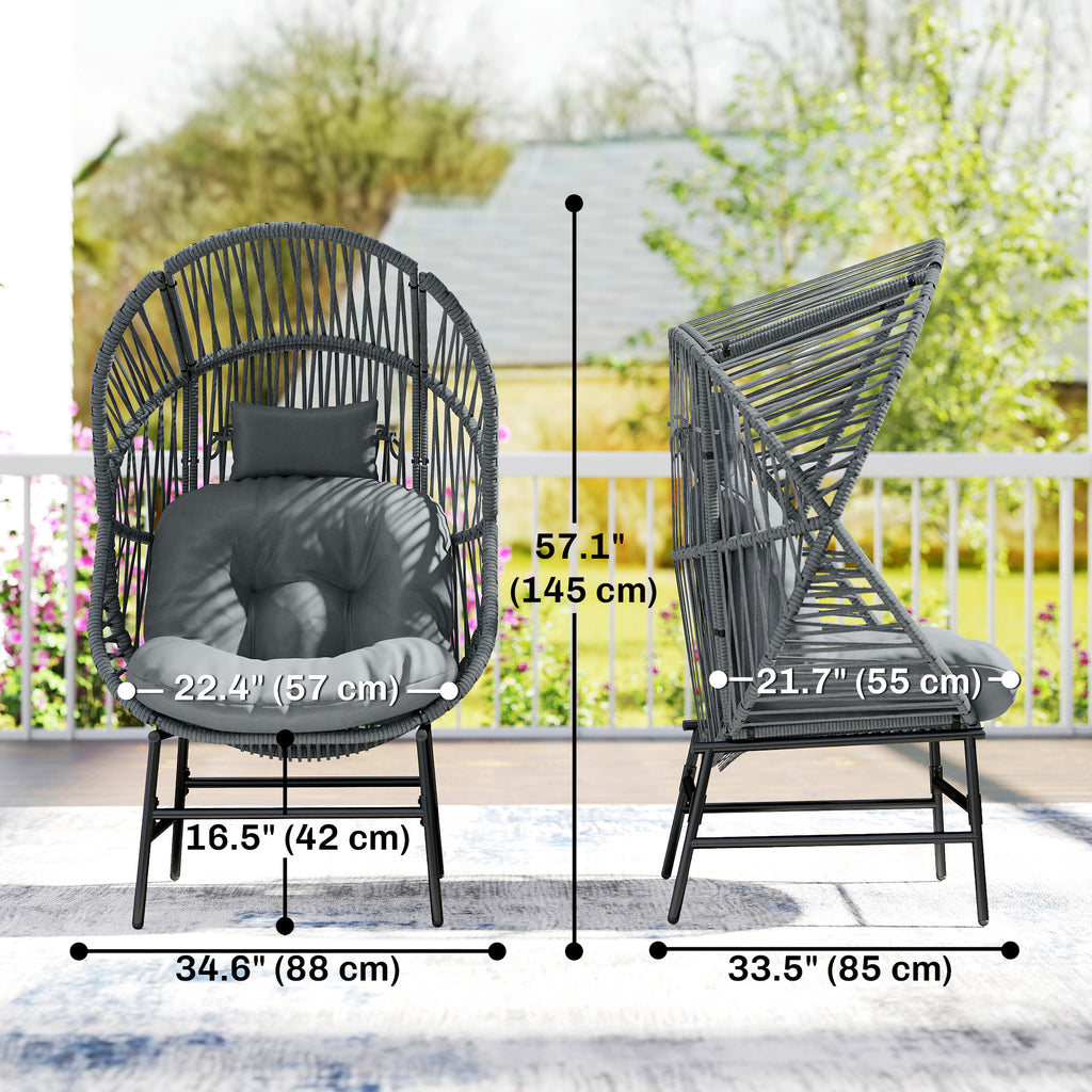 Wicker Egg Chair, 330 lbs Outdoor Rattan Lounge Chair with Thick Cushion, Headrest, Steel Frame, Dark Grey