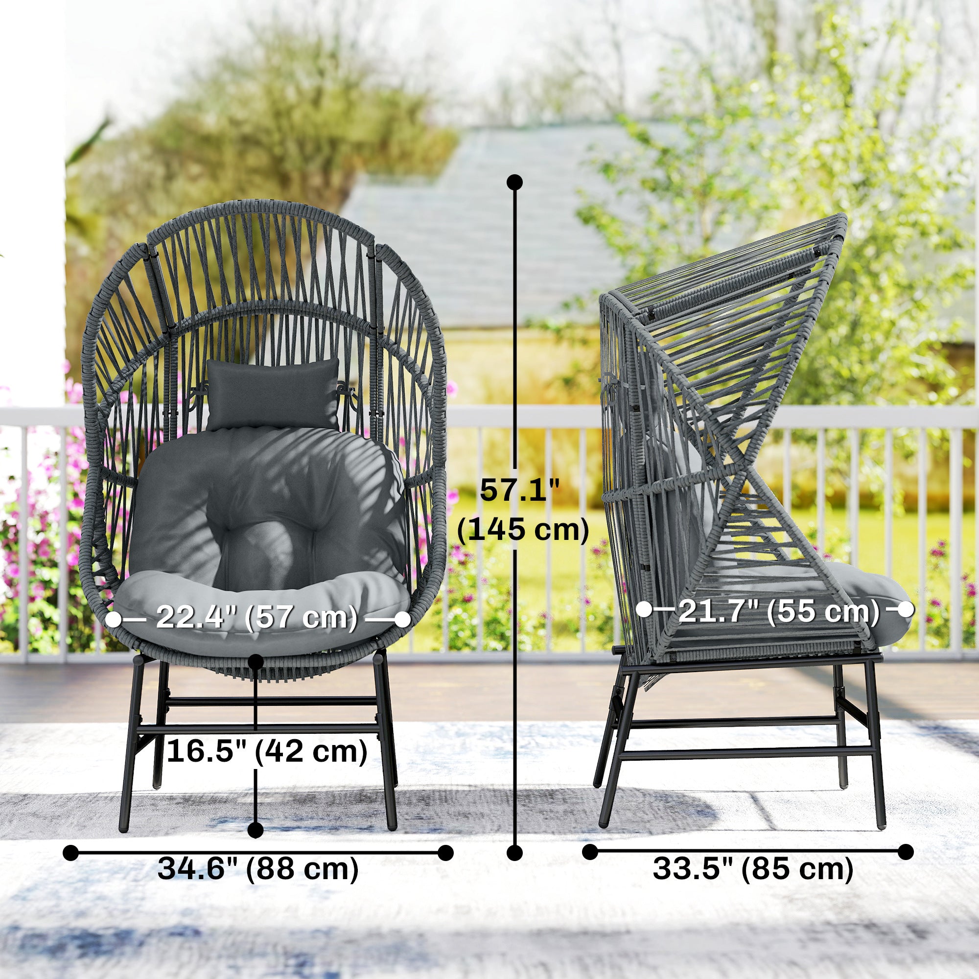 Wicker Egg Chair, 330 lbs Outdoor Rattan Lounge Chair with Thick Cushion, Headrest, Steel Frame, Dark Grey