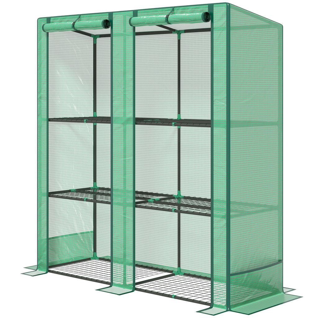 Lean-to Greenhouse with 3 Tier Shelves, Mini Greenhouse with 2 Roll-Up Doors for Indoor Outdoor, Green