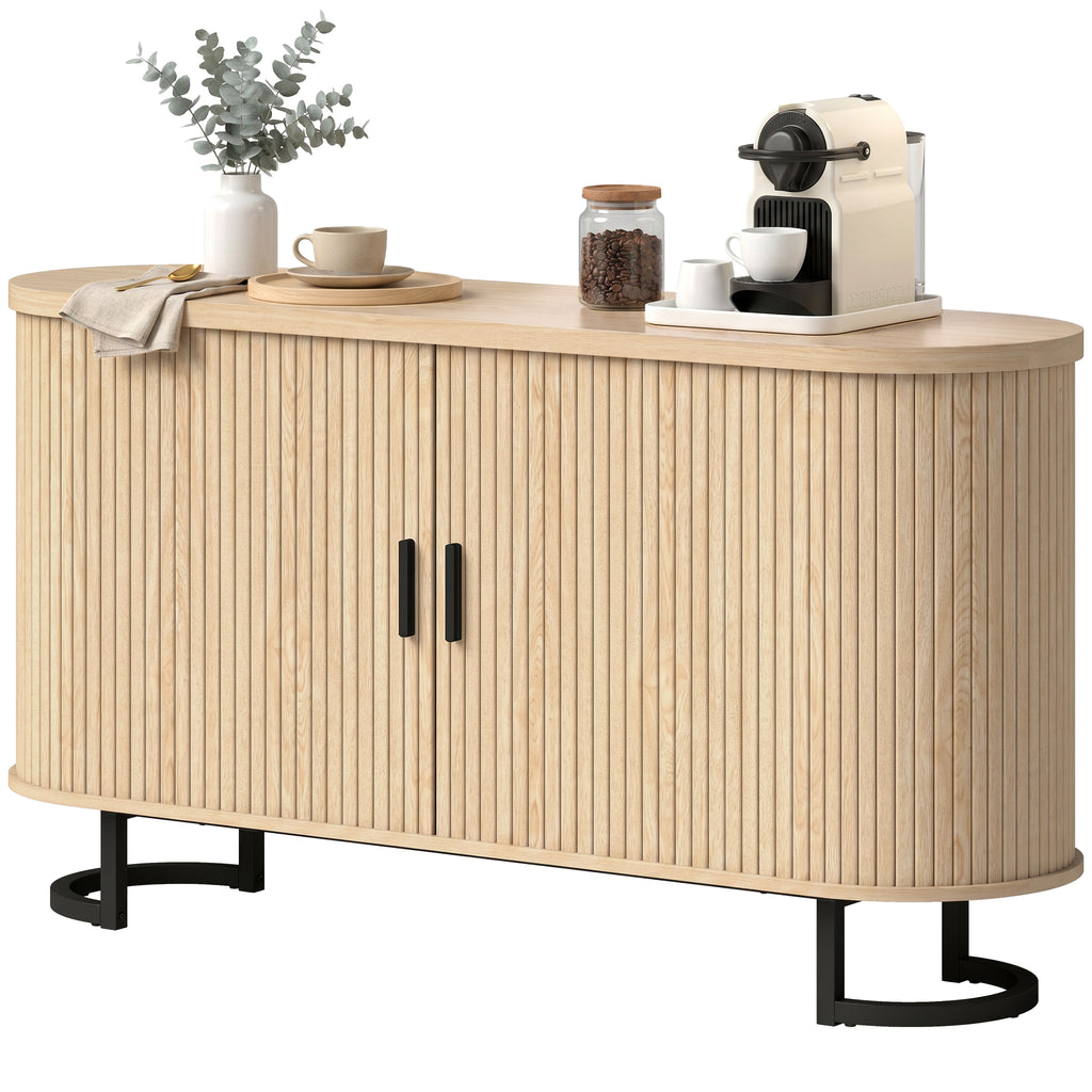Fluted Sideboard Buffet Cabinet, 55" Modern Coffee Bar Cabinet with Sliding Doors and Adjustable Shelves, Natural