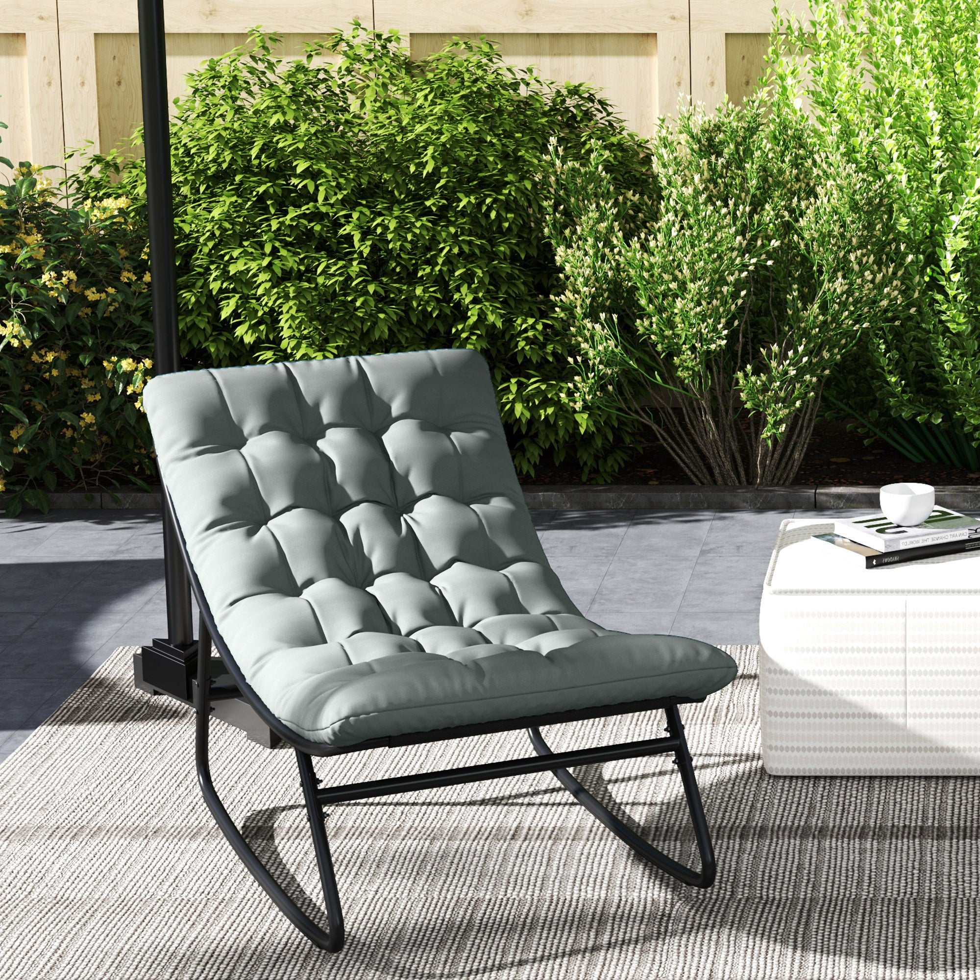 Outdoor Patio Rocking Chair with Cushion, Steel Frame Balcony Chair with Mesh Deep Seat for Porch, Garden, Grey