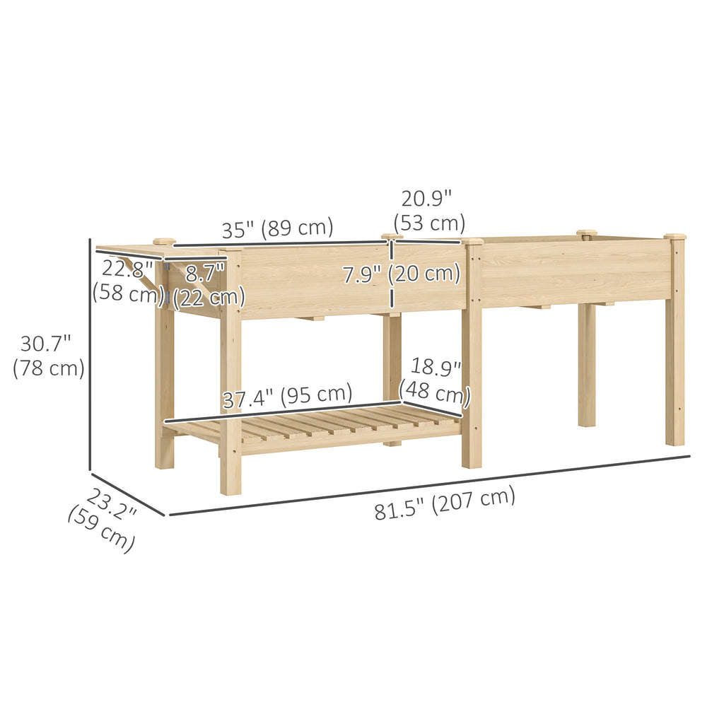 Raised Garden Bed, Wood Planter Box with Side Table, Bottom Shelf, Bed Liners and Drainage Holes, Natural