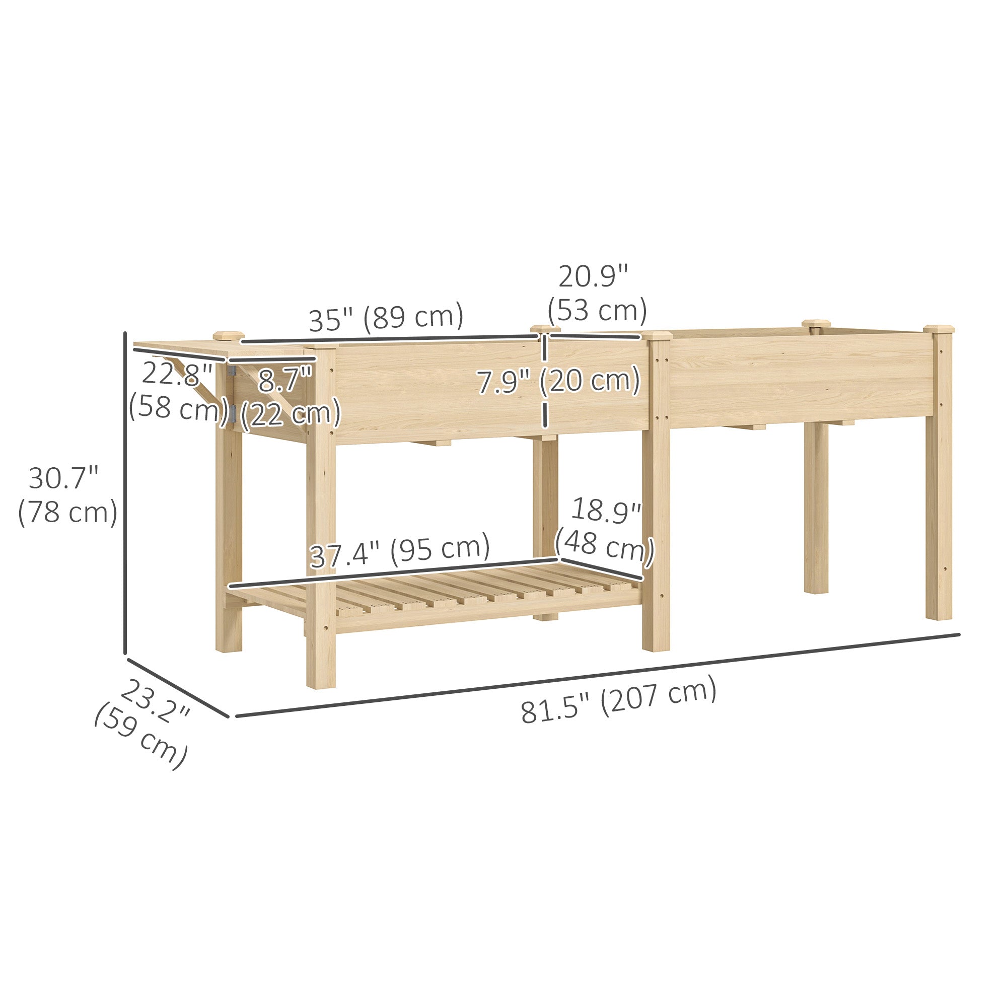 Raised Garden Bed, Wood Planter Box with Side Table, Bottom Shelf, Bed Liners and Drainage Holes, Natural