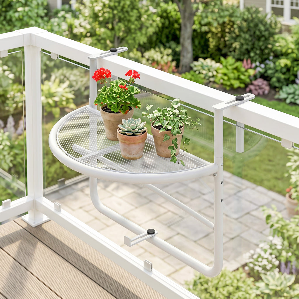 Adjustable Balcony Hanging Railing Table, Metal Mounting Mini Wall Desk Storage Rack, Outdoor Flower Stand Serving Table Half Round, White