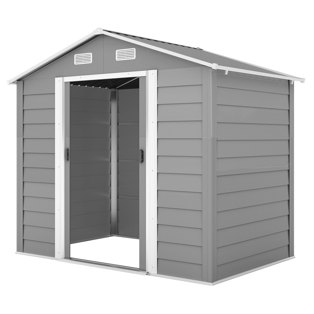 7.7' x 6.5' Outdoor Metal Garden Shed House Hut Gardening Tool Storage with Ventilation, Light Grey