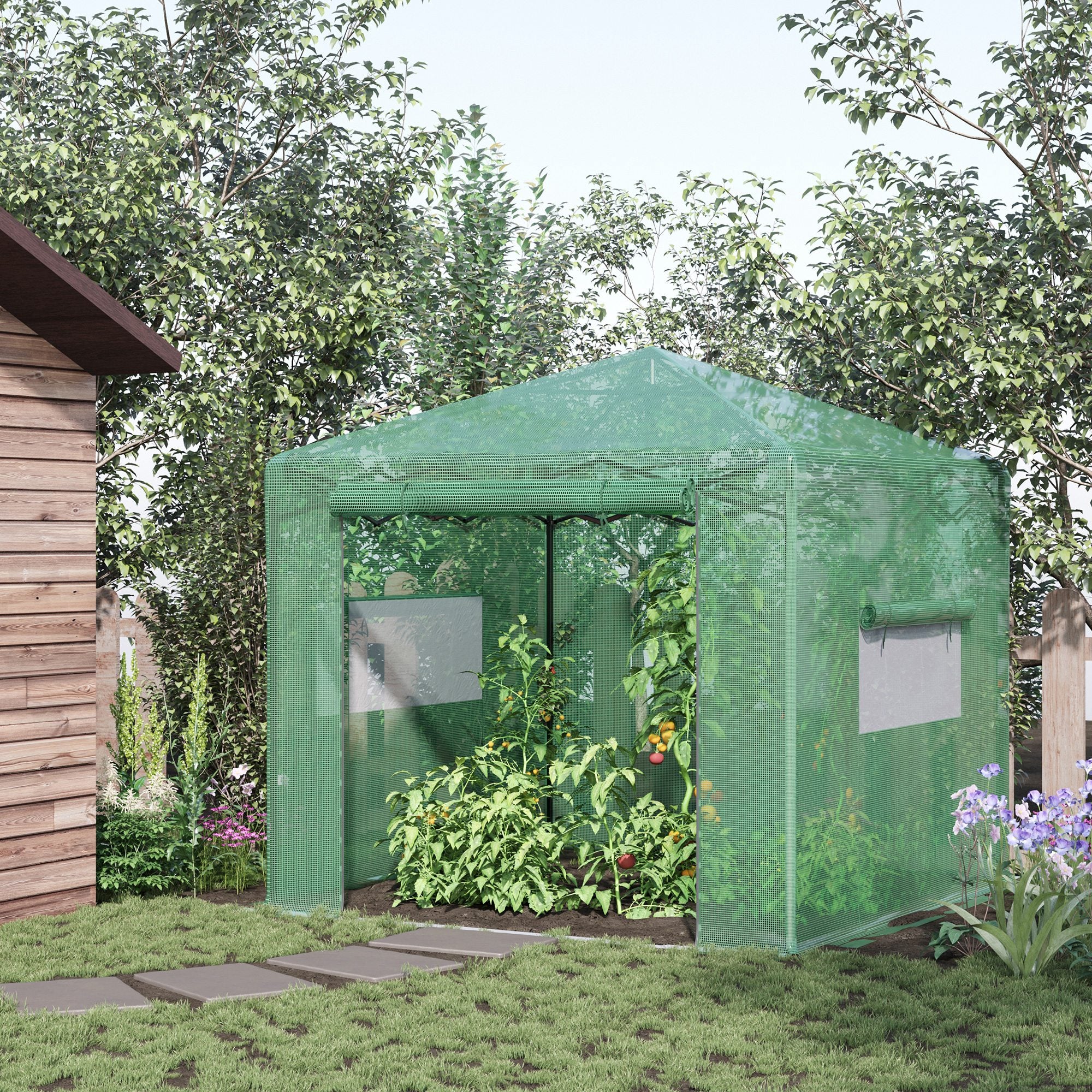 Portable Pop Up Greenhouse, Outdoor Walk-in Hot House with Roll-up Door & 2 Windows, 8' x 6' , Green