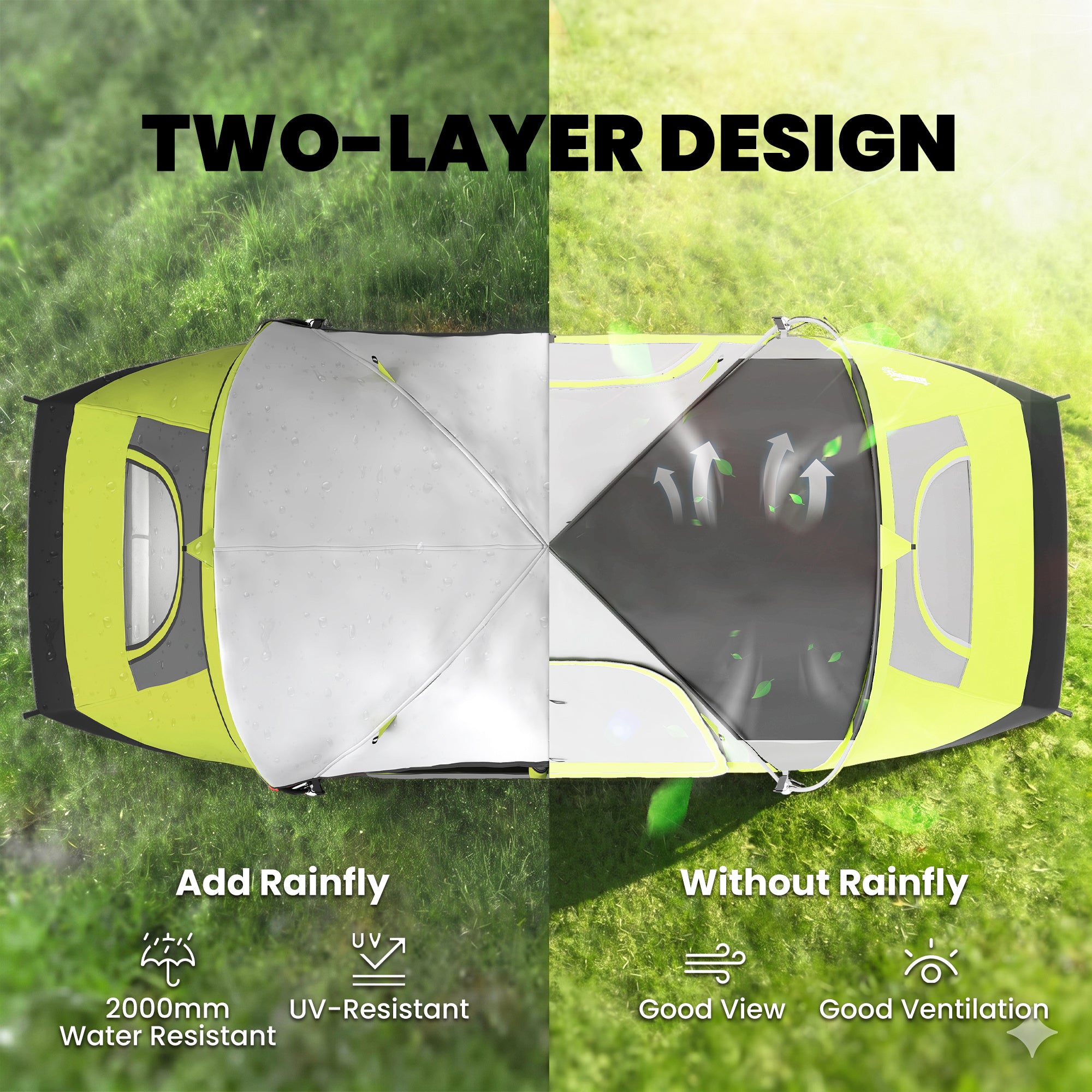 Camping Tent for 6 with 2 Bedroom, Waterproof Rainfly and Carry Bag for Fishing Hiking Festival, Green