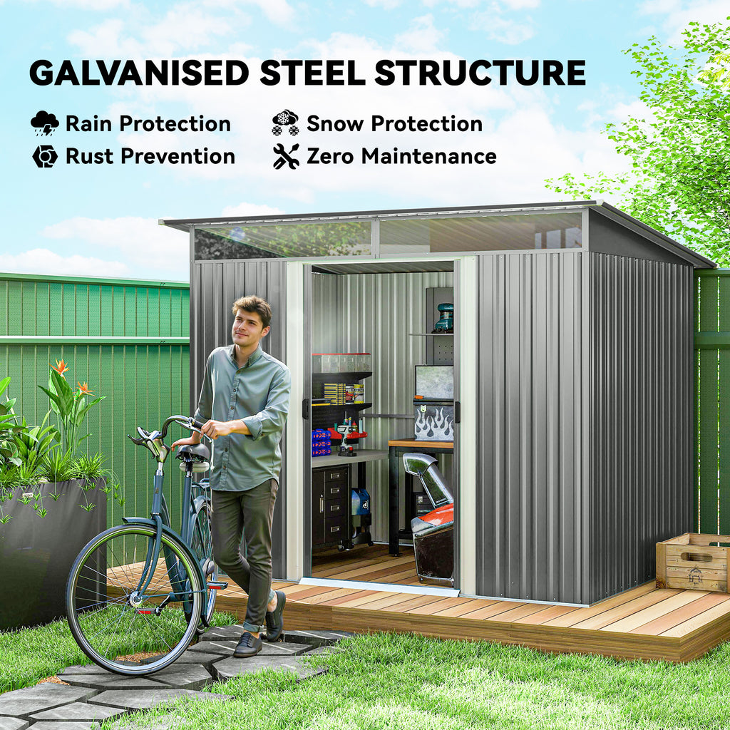9' x 6.5' Outdoor Metal Garden Shed Utility Tool Storage Steel Backyard Storage House, Light Grey