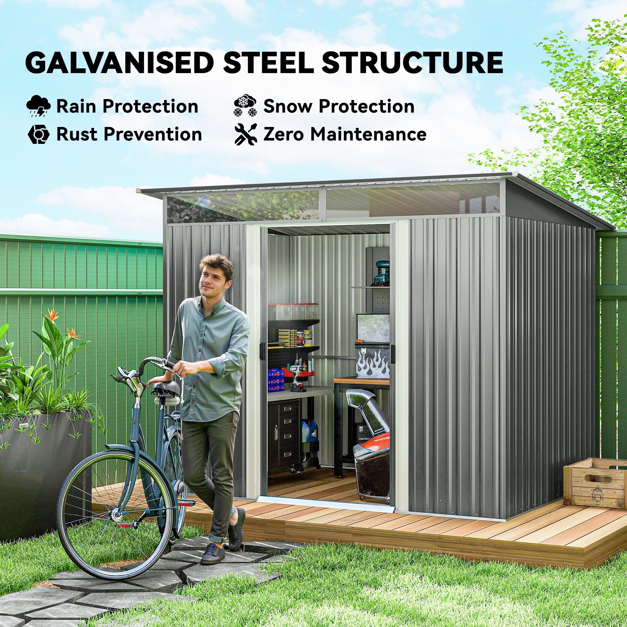 9' x 6.5' Outdoor Metal Garden Shed Utility Tool Storage Steel Backyard Storage House, Light Grey