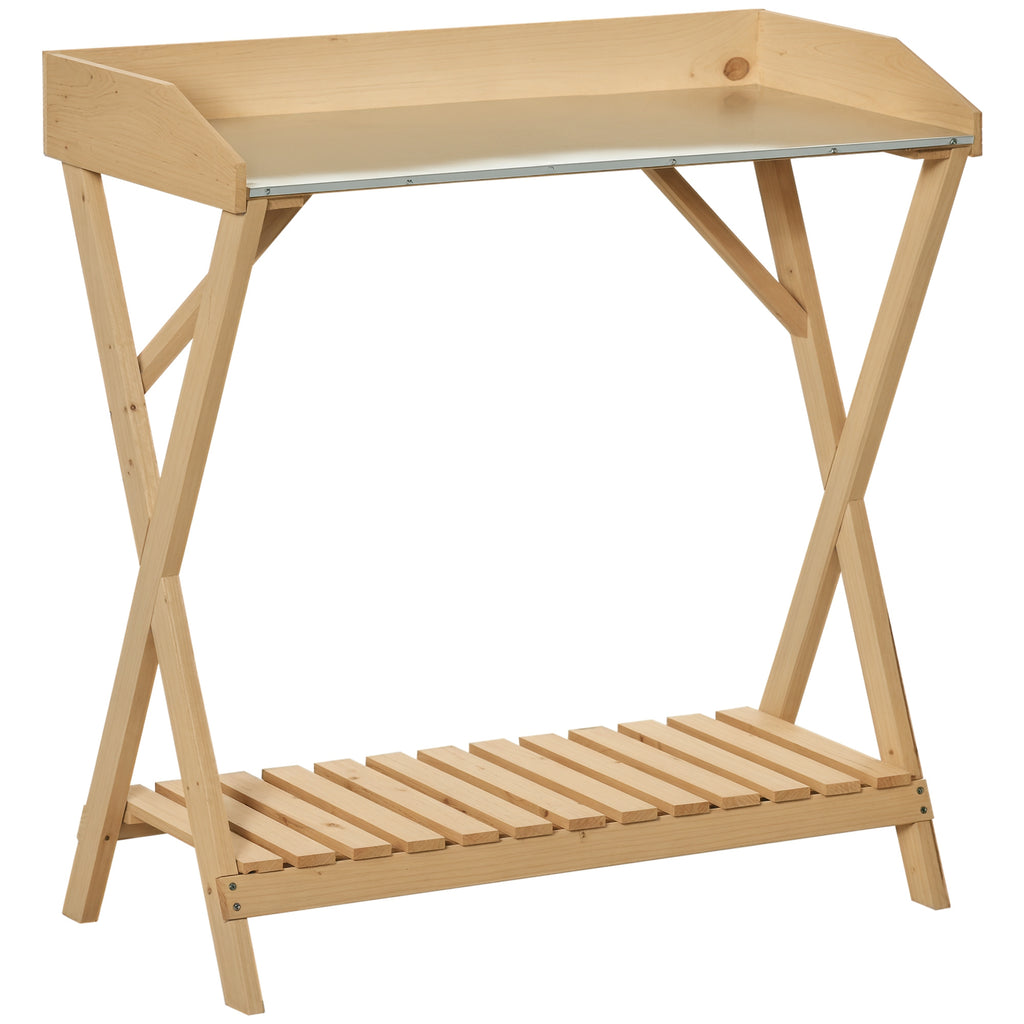Garden Potting Bench Table, Wooden Work Station, Outdoor Planting Workbench w/ Galvanized Metal Tabletop and Storage Shelf