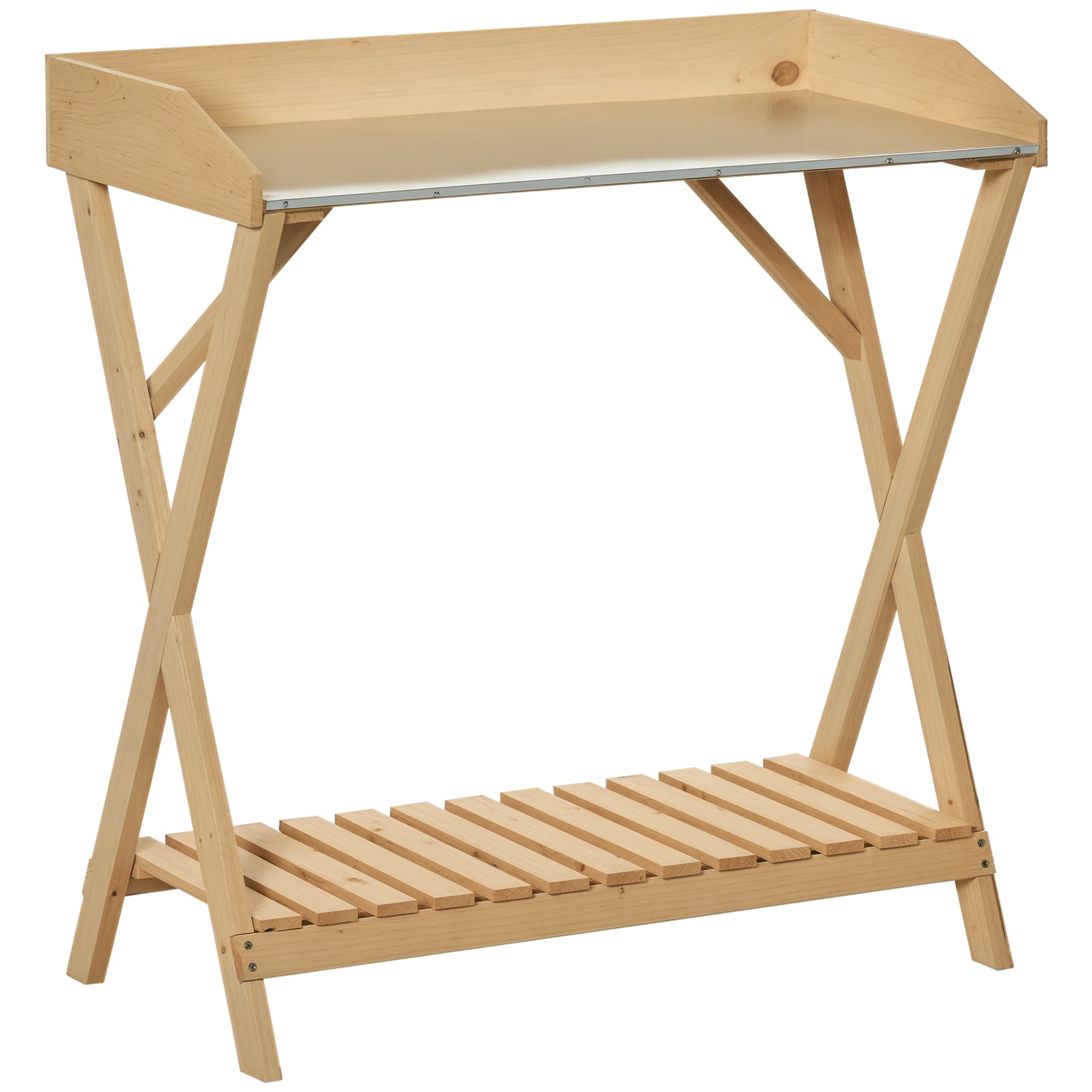 Garden Potting Bench Table, Wooden Work Station, Outdoor Planting Workbench w/ Galvanized Metal Tabletop and Storage Shelf