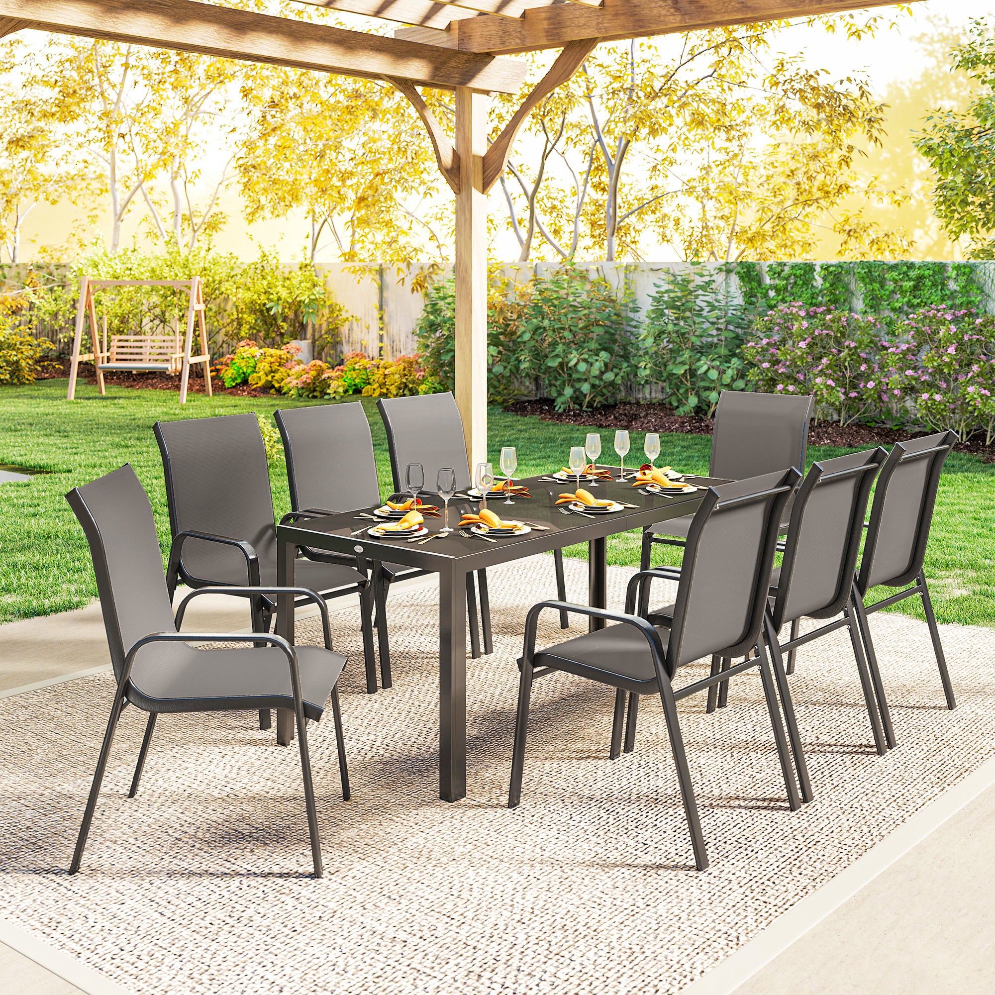 Outdoor Dining Sets for 8 with Stackable Chairs, Patio Dining Set with Glass Top Table for Garden, Patio, Backyard, Dark Grey