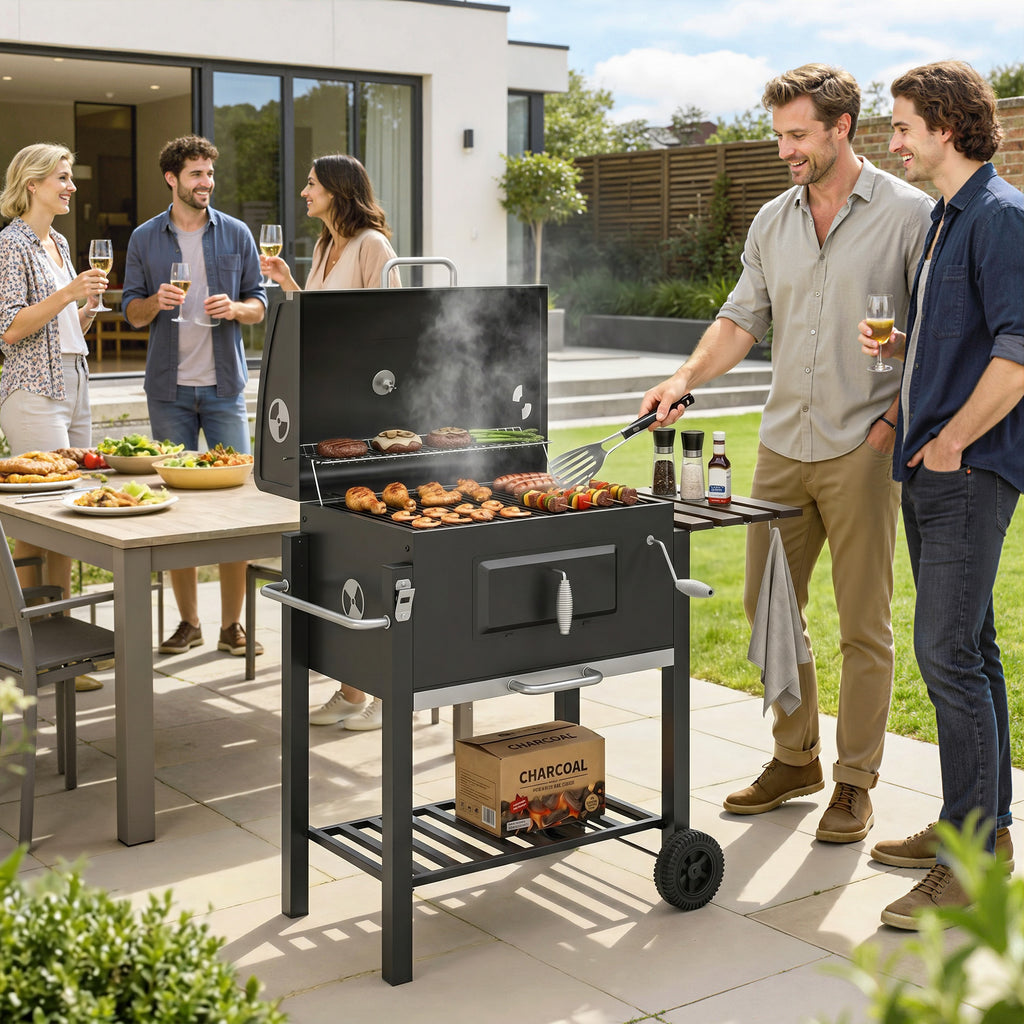 BBQ Trolley Charcoal Grill Portable Stainless Steel Barbecue Tool Kits w/ Wheels Side Shelf for Camping Hiking Picnic