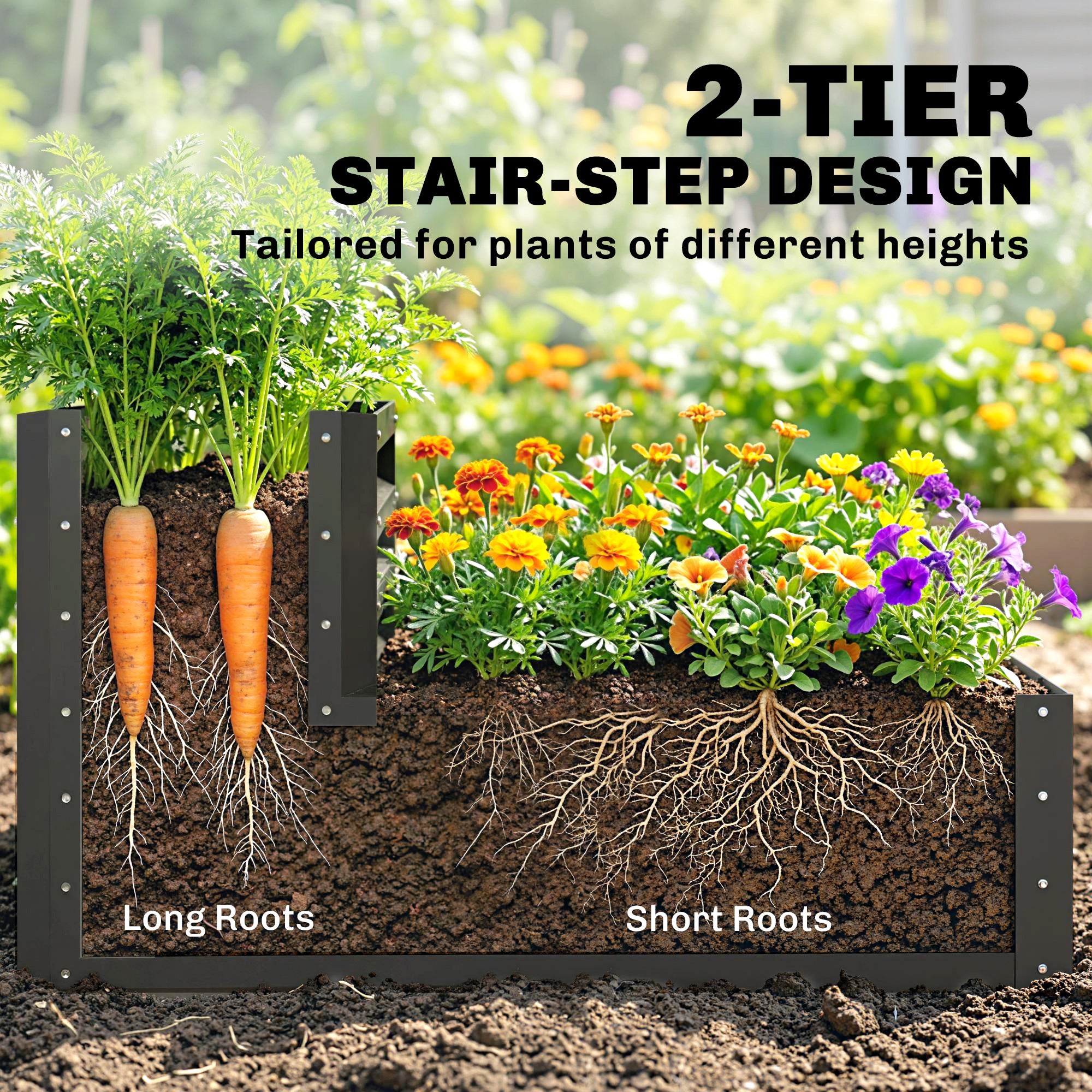 2 Tier Raised Garden Bed, 47" x 40" x 23" Galvanized Steel Planter Box for Vegetables, Flowers, and Herbs, Dark Grey