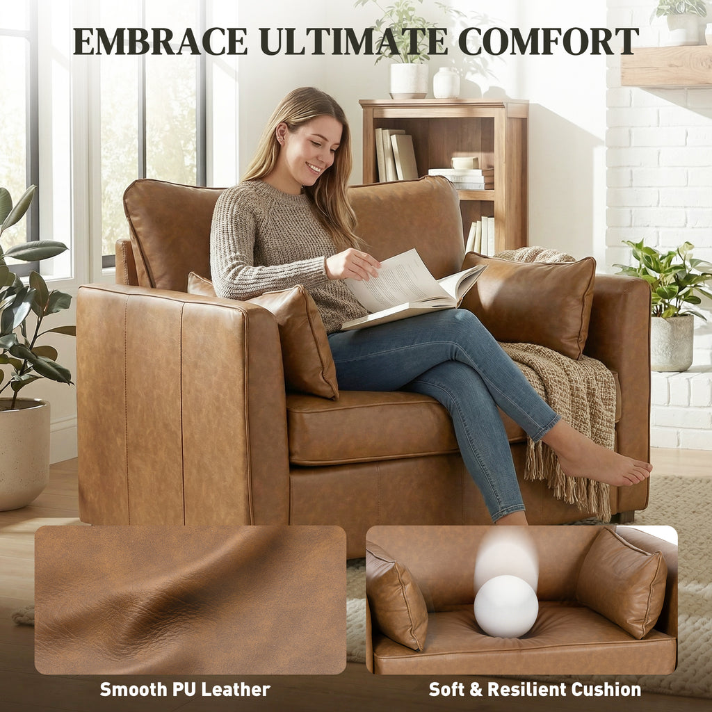 Accent Chair, PU Leather Armchair with Wide Seat, Spring Cushion, Rubberwood legs, 2 Pillows, Brown