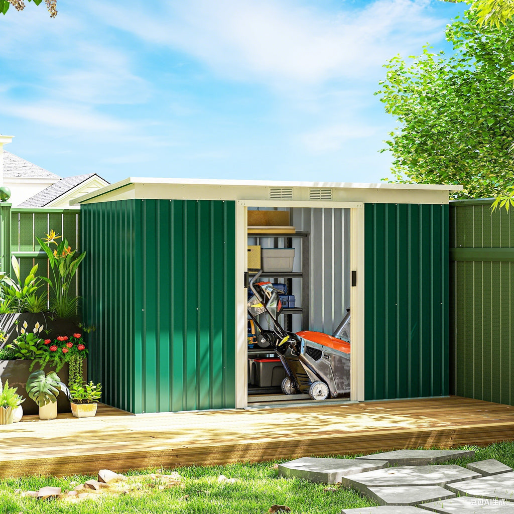 9' x 4' Garden Tool Shed Metal Storage Shed Outdoor Equipment Tool Box with Foundation Kit, Ventilation & Doors, Dark Green
