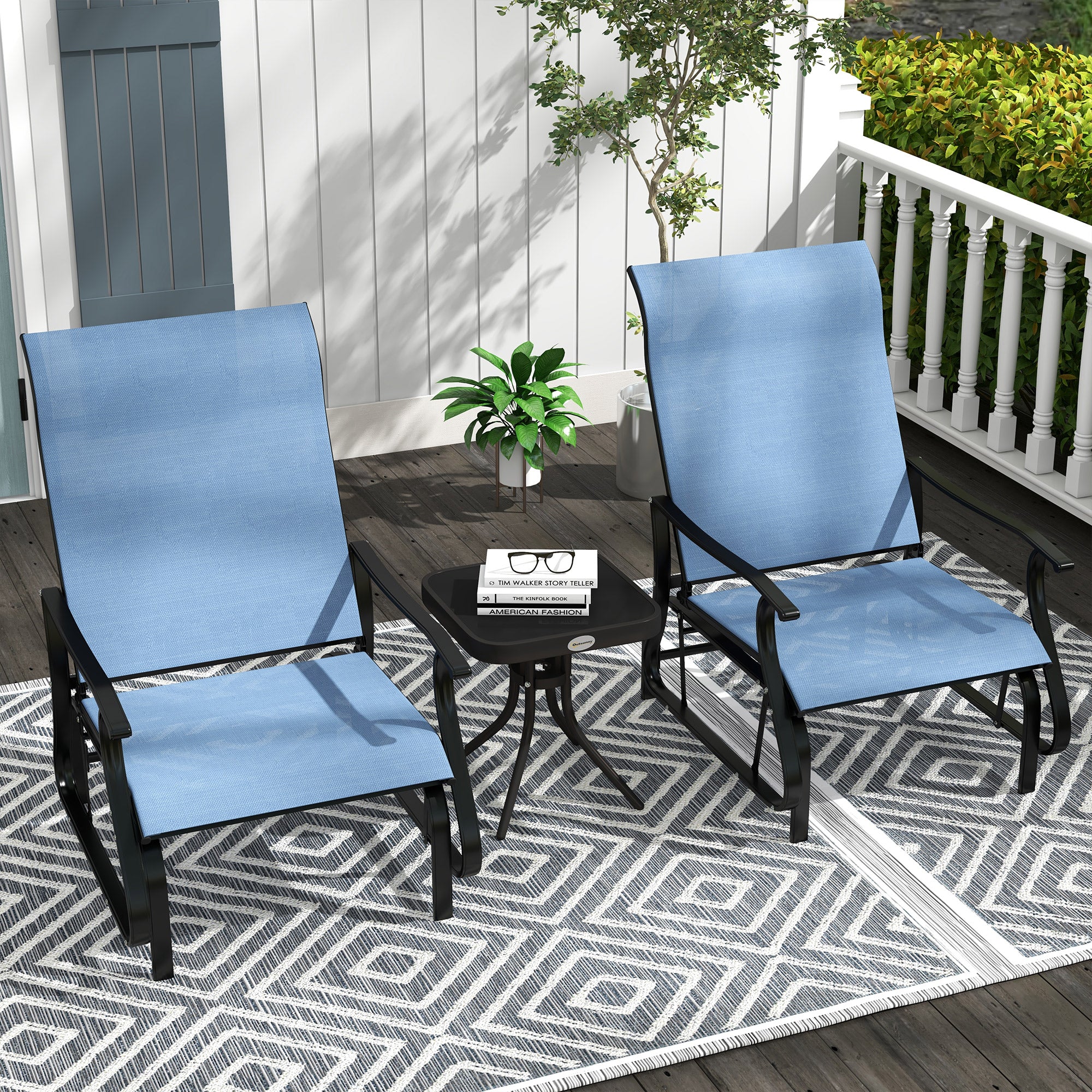 3PCs Gliding Rocking Chair & Bistro Tea Table Set, Light Blue