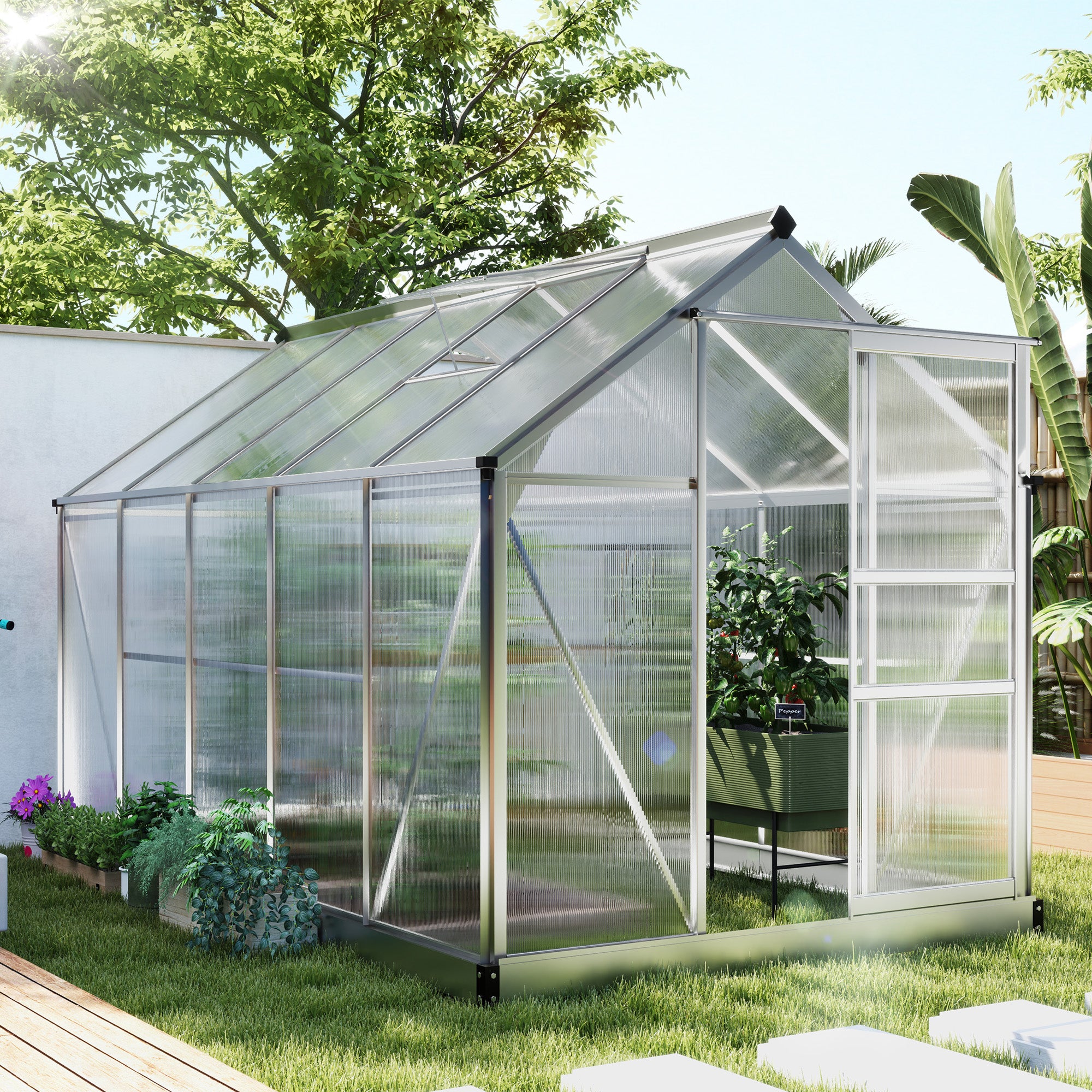 6' x 10' x 6.6' Polycarbonate Greenhouse, Walk-In Green House Kit Garden, Plants Grow, Galvanized Sheet Aluminum Frame