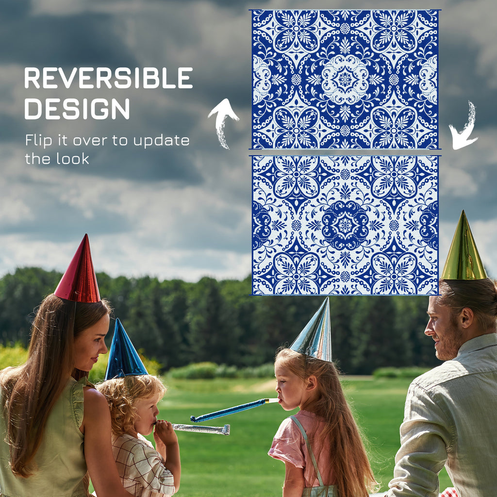 Portable Outdoor Rug with Carry Bag, 9' x 12' Reversible Mat, Waterproof Plastic Straw RV Rug for Backyard, Deck, Picnic, Beach, Camping, Blue & White Flower