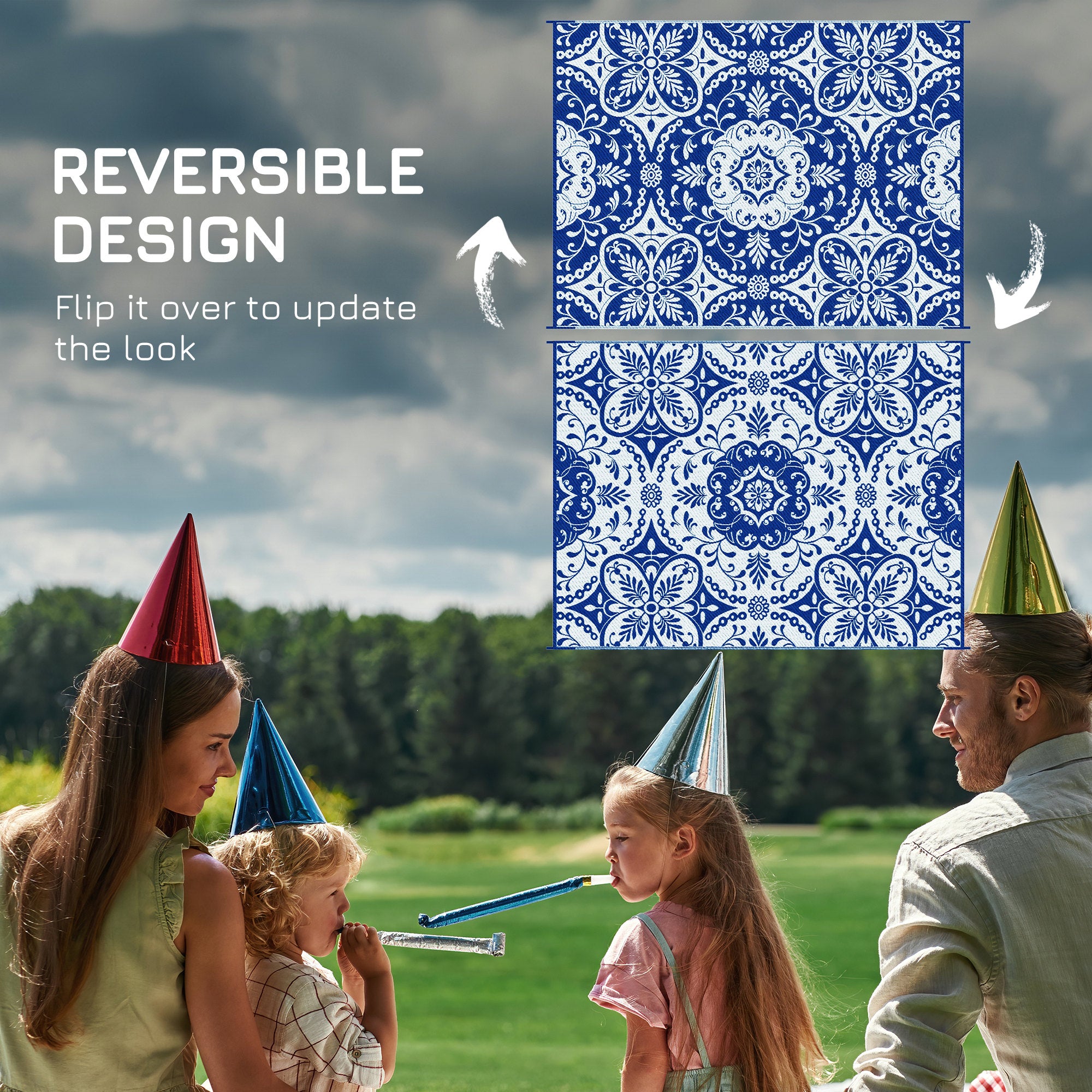 Portable Outdoor Rug with Carry Bag, 9' x 12' Reversible Mat, Waterproof Plastic Straw RV Rug for Backyard, Deck, Picnic, Beach, Camping, Blue & White Flower