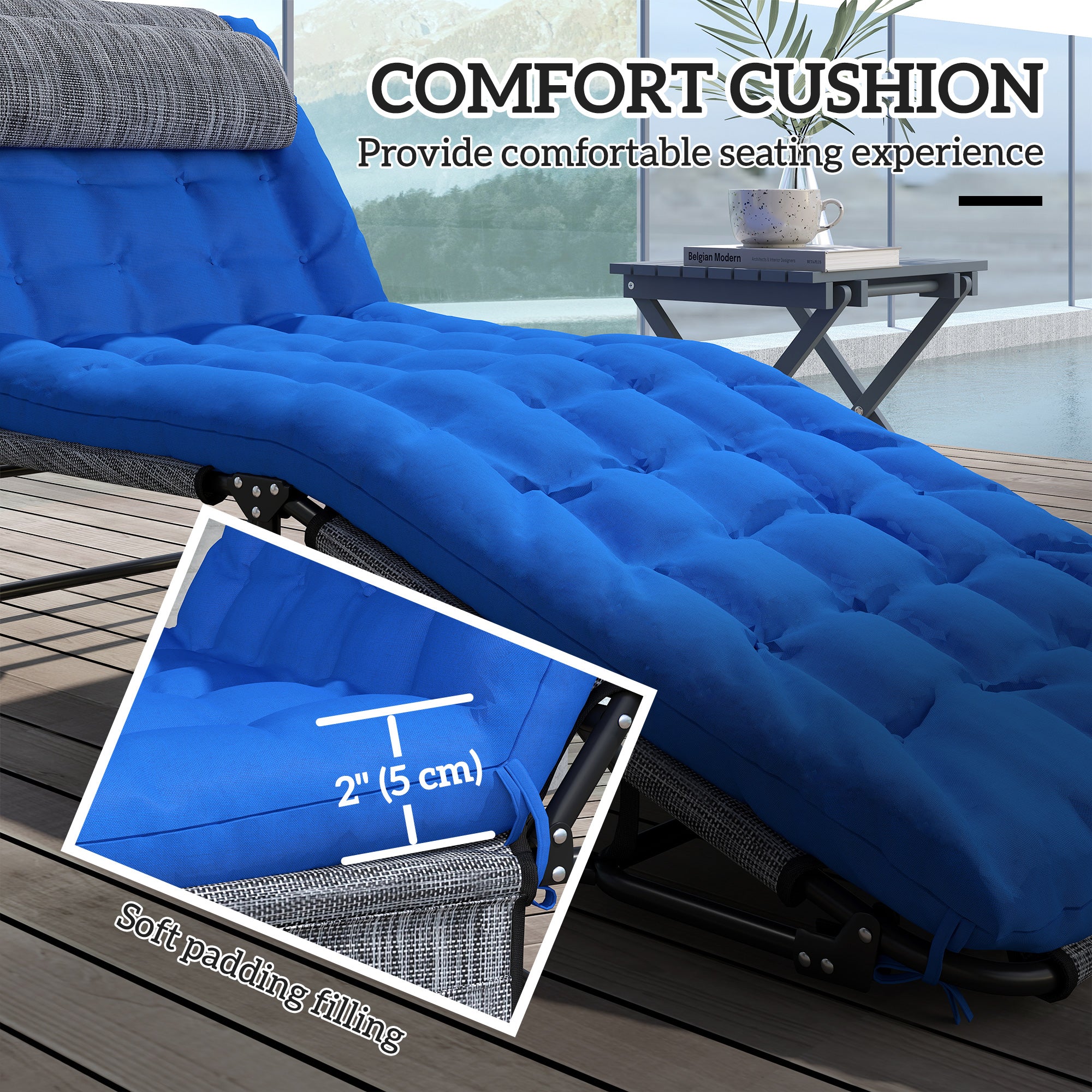 2 Pieces Folding Lounge Chairs with 4-level Reclining Back, Outdoor Tanning Chair with Cushion, Sun Lounger with Breathable Mesh Fabric, Side Pocket, Headrest, Blue