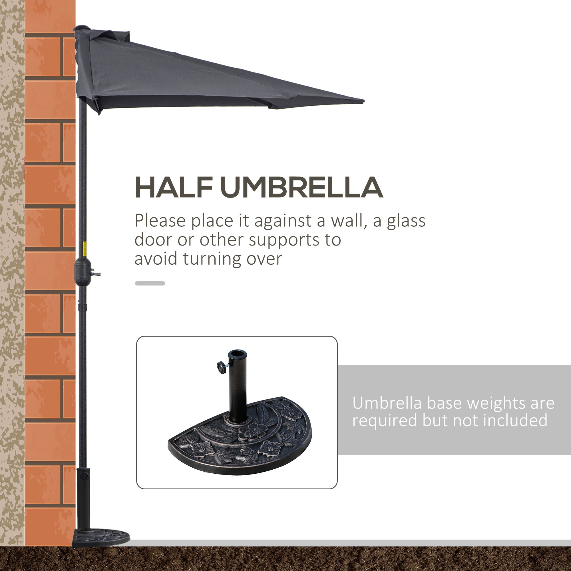 9.8ft Half Umbrella Semi Round Patio Parasol with Crank Handle, Top Vent for Garden, Balcony- NO BASE INCLUDED, Grey