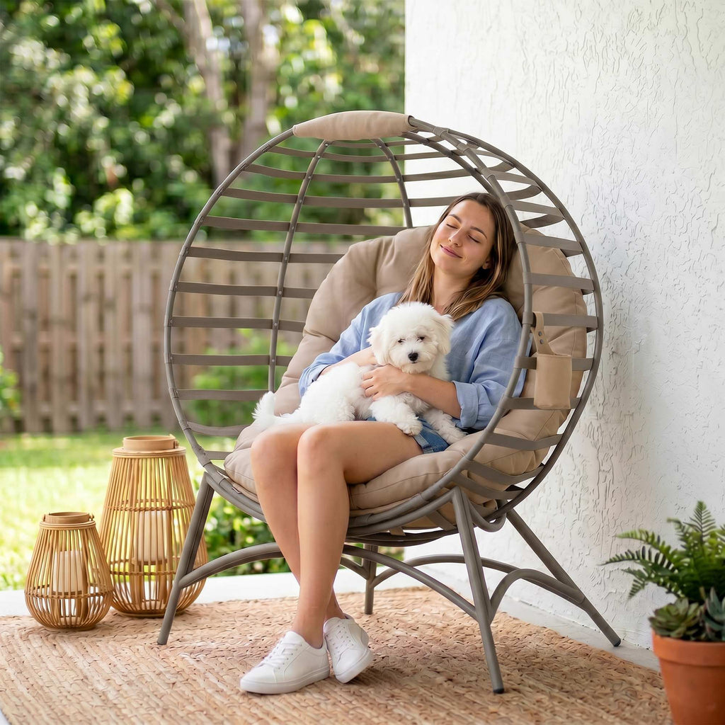 Egg Chair, Patio Lounge Chair, Foldable Basket Chair with Large Seat Cushion, Side Pocket, Sand