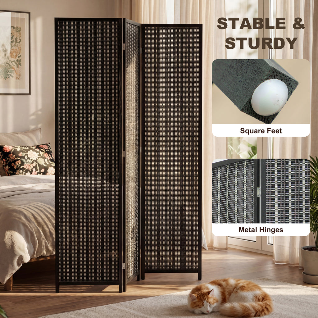 Folding Privacy Screen, 3 Panel Room Divider, Freestanding Partition with Handwoven Bamboo and Pine Wood Frame, Black