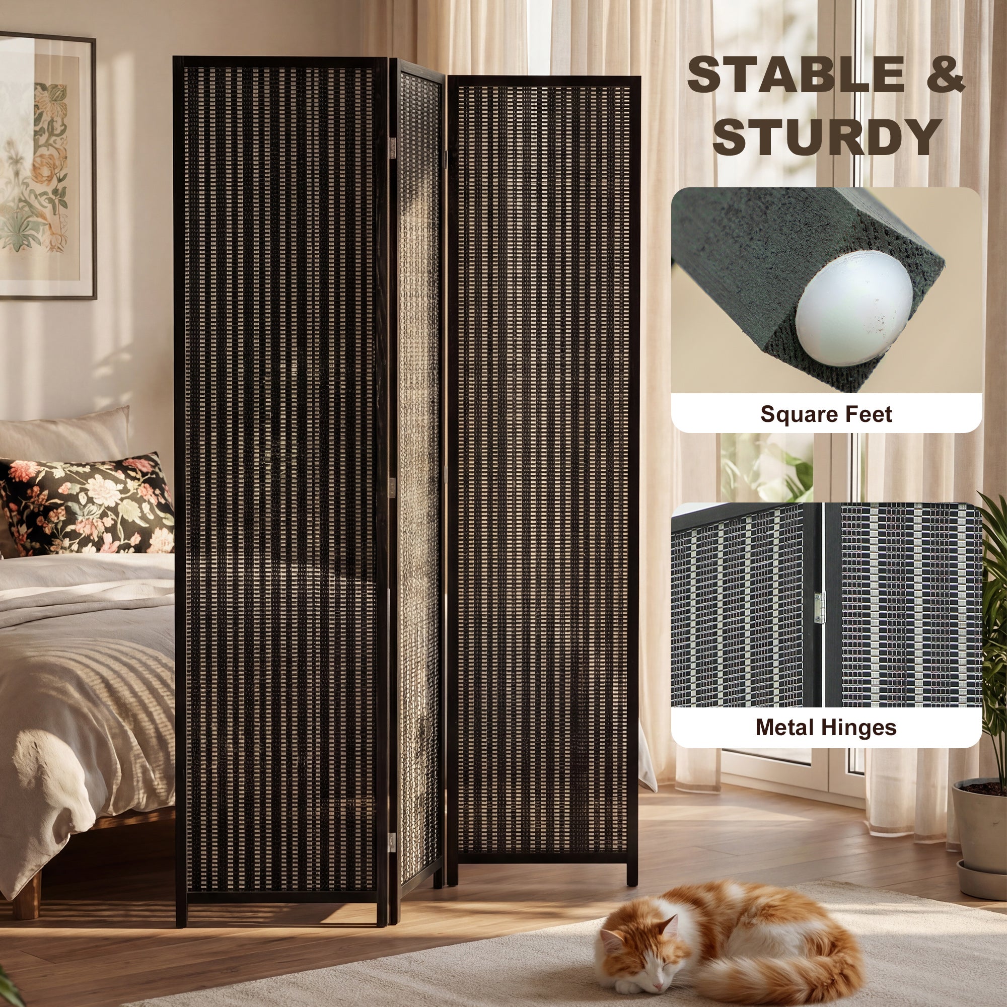 Folding Privacy Screen, 3 Panel Room Divider, Freestanding Partition with Handwoven Bamboo and Pine Wood Frame, Black