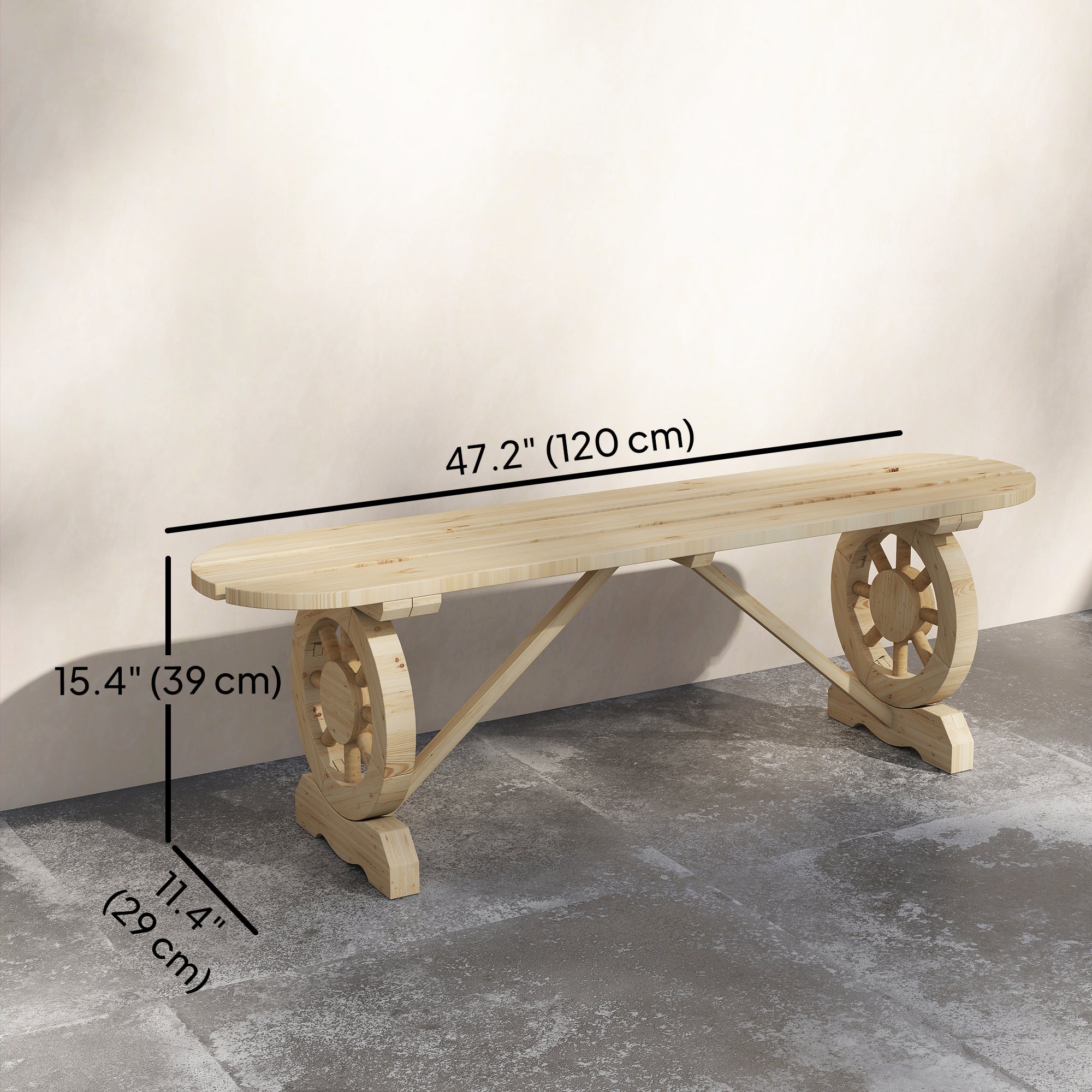 2-Person Outdoor Bench, Wood Garden Bench with Wagon Wheel Legs, Slatted Seat for Patio, Park, Backyard, Natural Wood