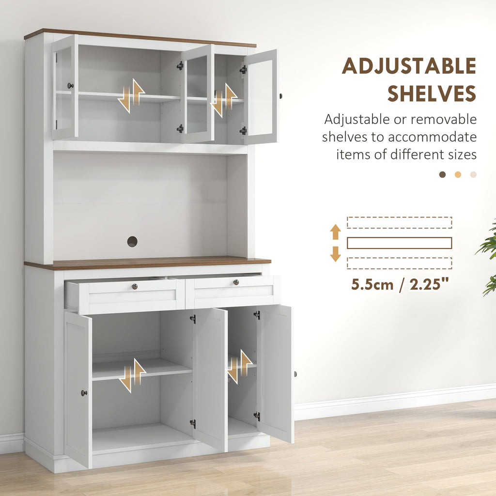 71" Pantry Cabinet with Microwave Space, Buffet with Hutch, 2 Drawers, Adjustable Shelves and Glass Doors, White