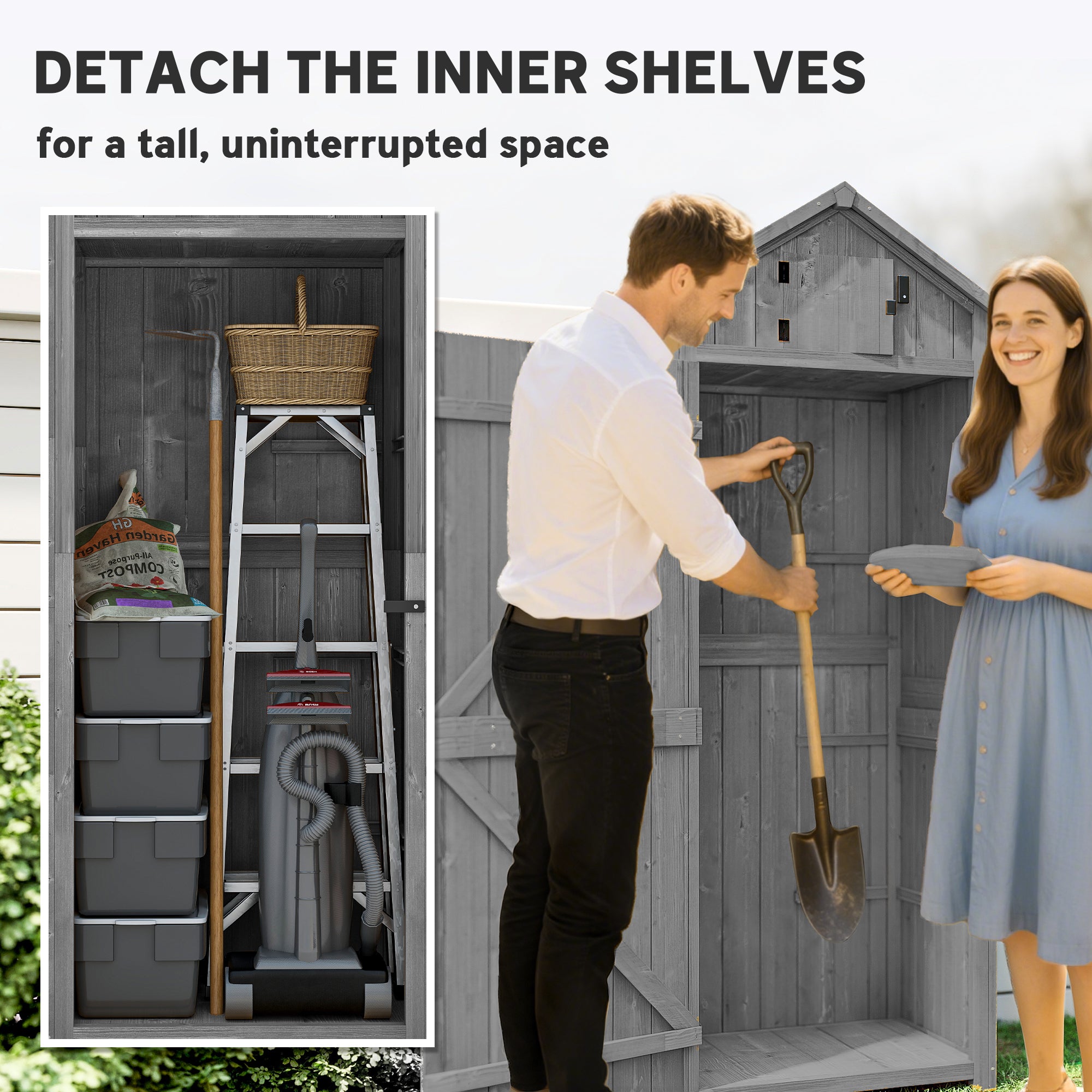 30" x 21" x 71" Garden Storage Shed, Sheds & Outdoor Storage Outdoor Workshop Yard Tool Utility Storage House Water-resistant All-weather Cover Spire Roof with 3 Tiers Shelves Grey