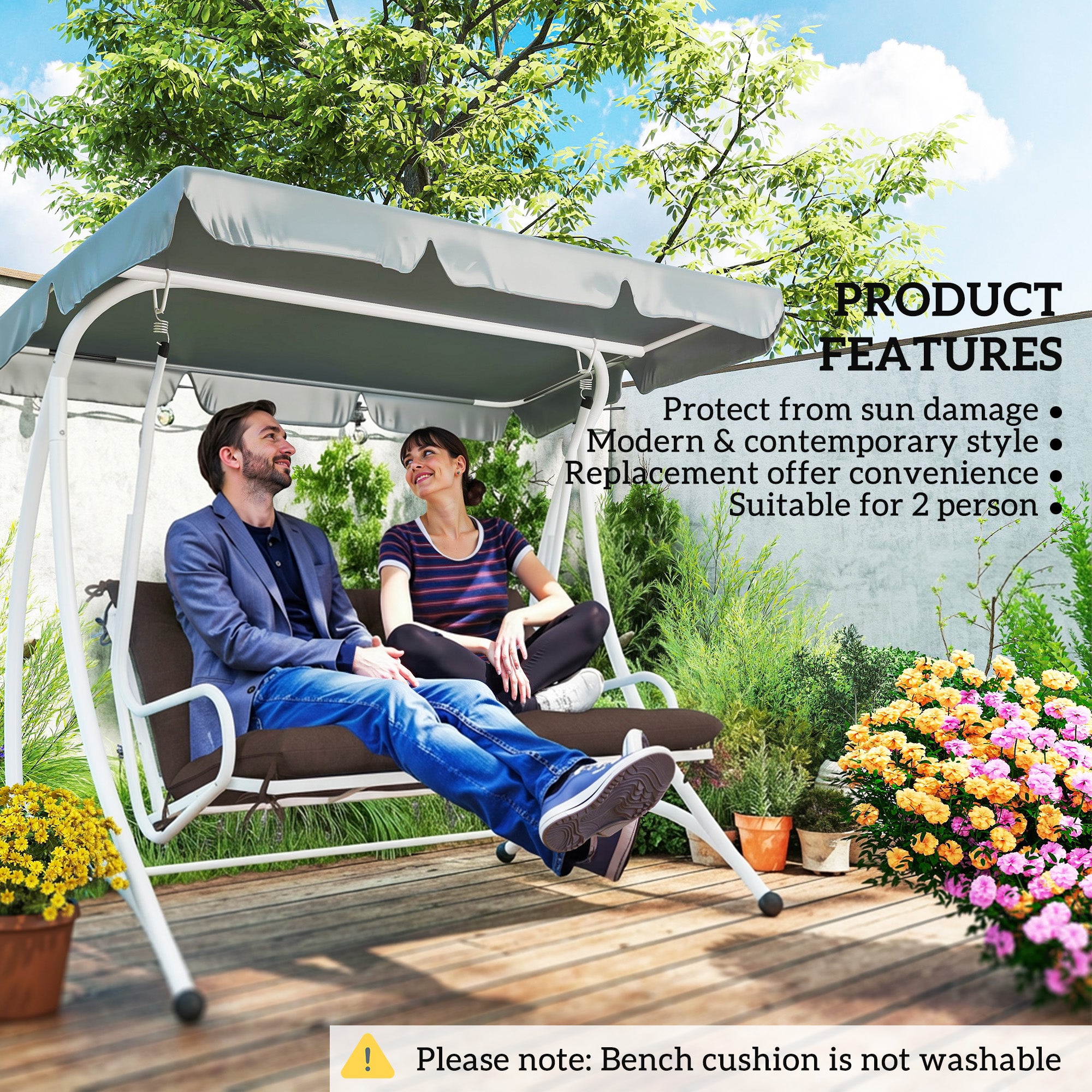 2 Seater Garden Bench Cushion, Soft Thick Outdoor Non-Slip 2 Seater Soft Pad With Backrest, 47" x 43" x 4", Coffee