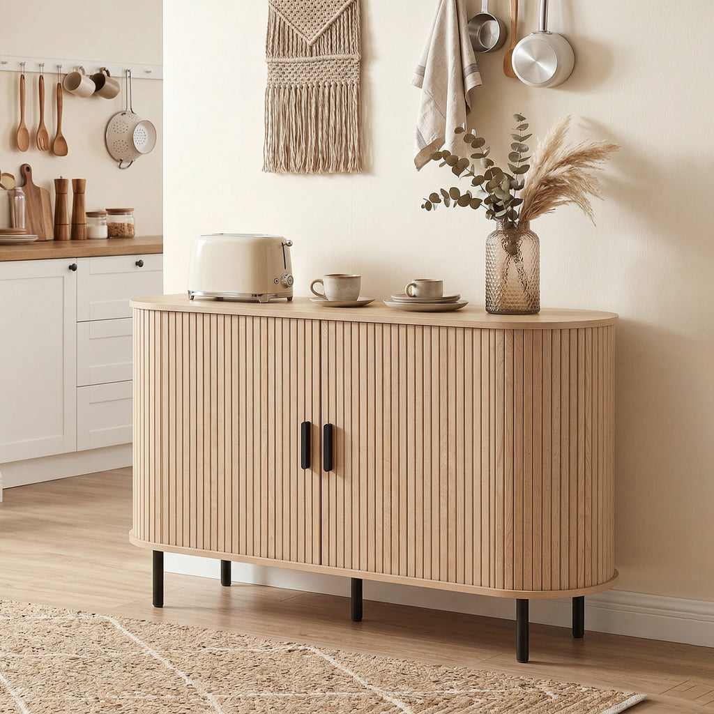 Fluted Sideboard Buffet Cabinet, 55" Mid Century Coffee Bar Cabinet with Sliding Doors and Adjustable Shelves, Natural