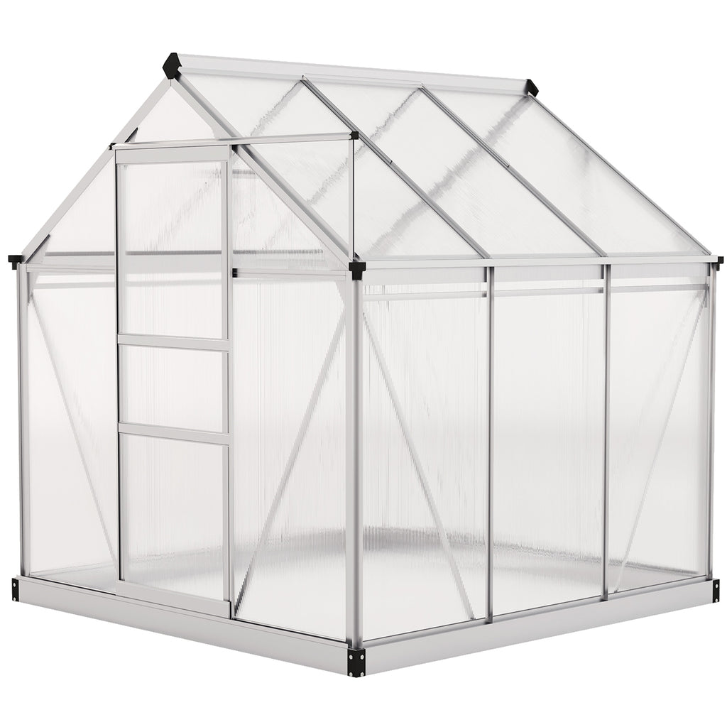 6' x 6' x 6.6' Polycarbonate Greenhouse, Walk-In Green House Kit Garden, Plants Grow, Galvanized Sheet Aluminum Frame with Rain Gutter, Vent and Sliding Door, Silver