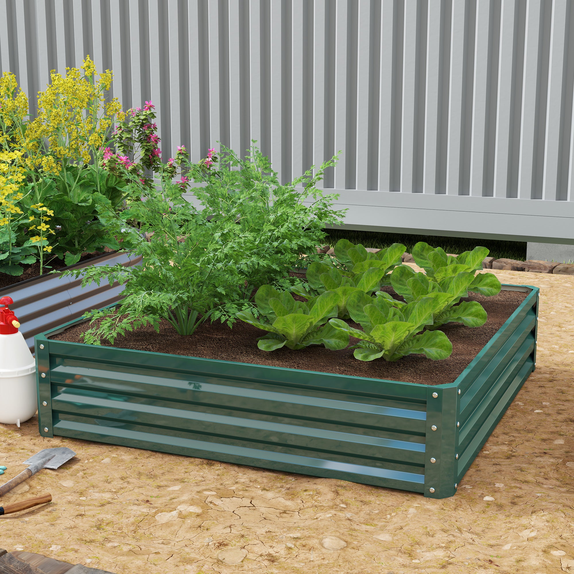 4' x 4' x 1' Raised Garden Bed Galvanized Steel Planter Box for Vegetables, Flowers, Herbs, Green