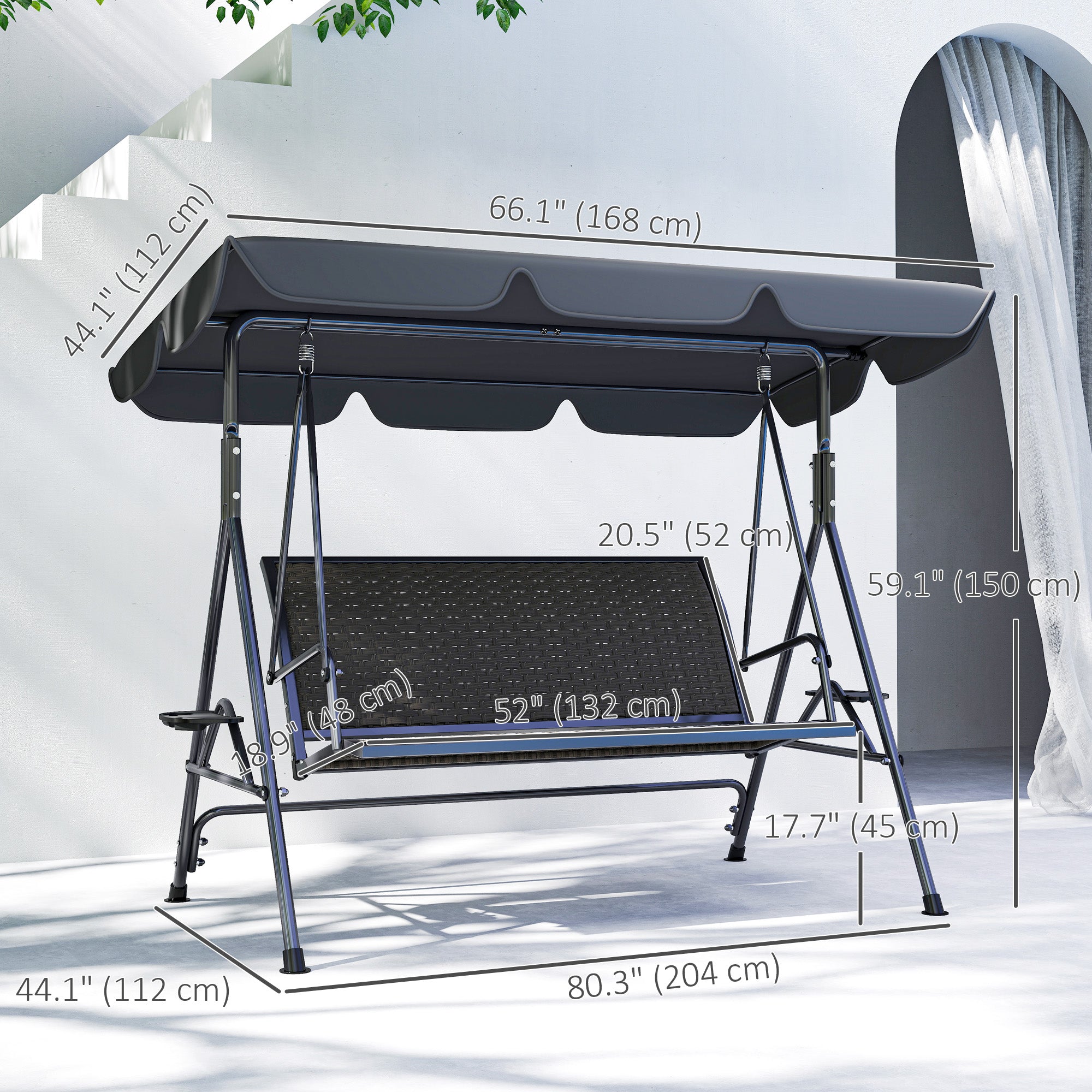 3-Seat Patio Swing Chair, Outdoor Canopy Swing Glider with Adjustable Shade, Grey