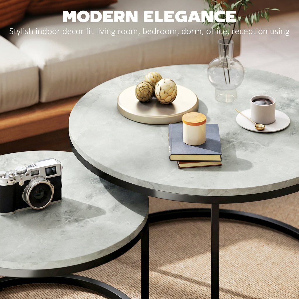 Modern Coffee Table Set of 2, Nesting Side Tables w/ Metal Base for Living Room Bedroom Office Marble Grey