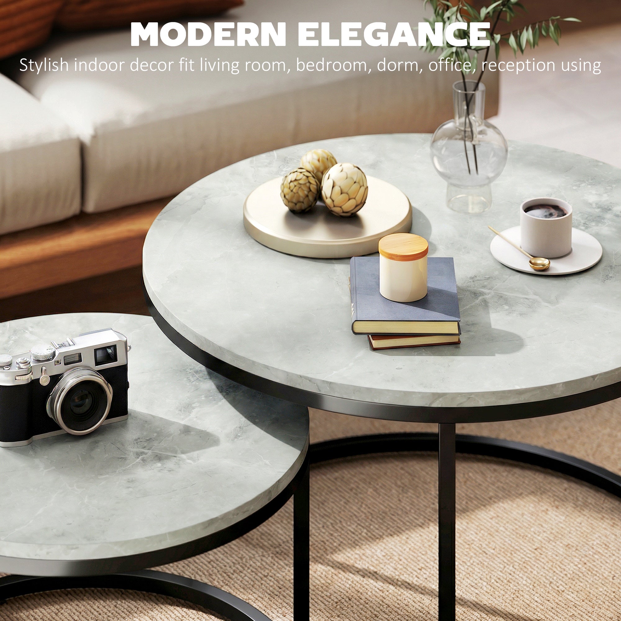 Modern Coffee Table Set of 2, Nesting Side Tables w/ Metal Base for Living Room Bedroom Office Marble Grey