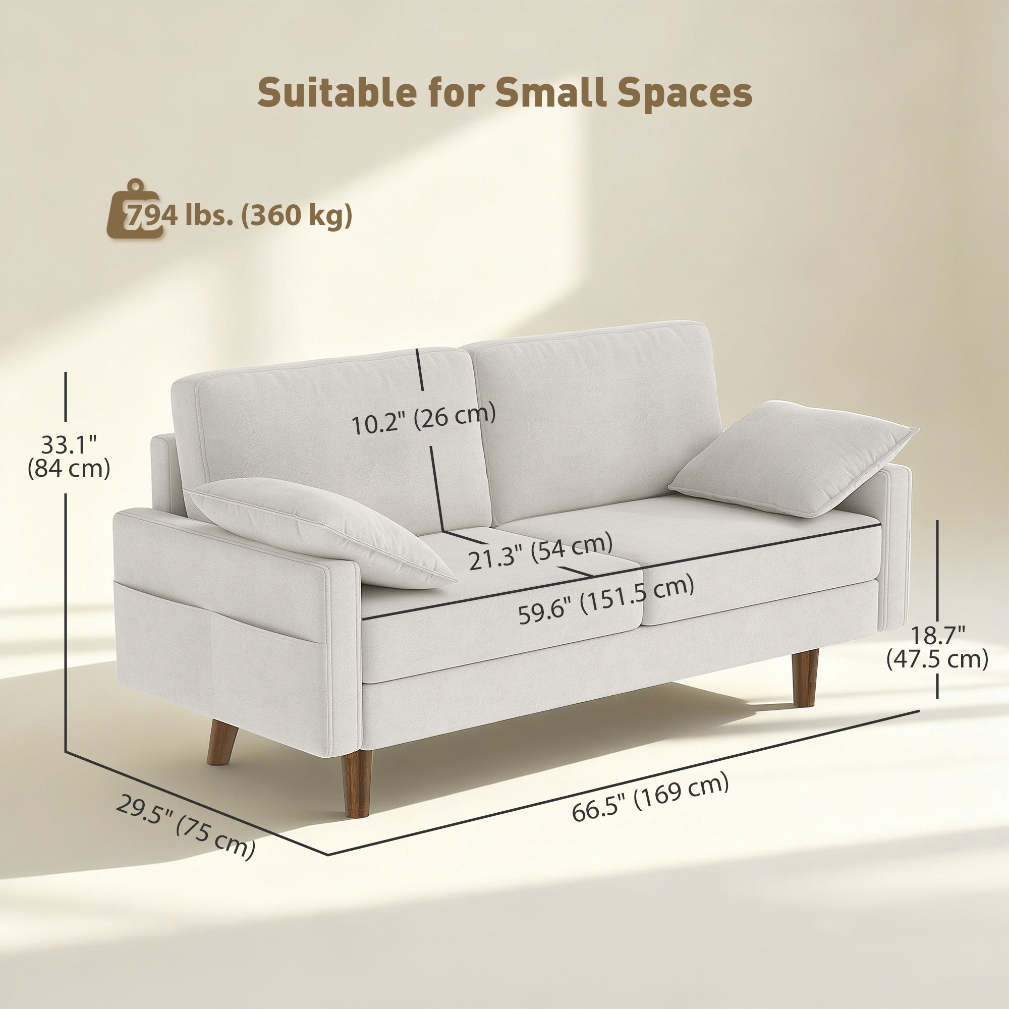 3 Seater Sofa, Velvet Upholstered Couch with Spring Cushions, Rubber Wood Legs and 2 Pillows, Cream White