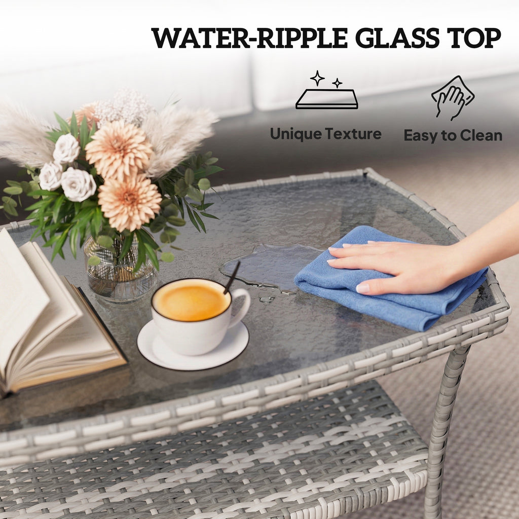 Outdoor Coffee Table with Storage Shelf, PE Wicker Patio Table with Glass Top for Garden, Backyard, Dark Grey