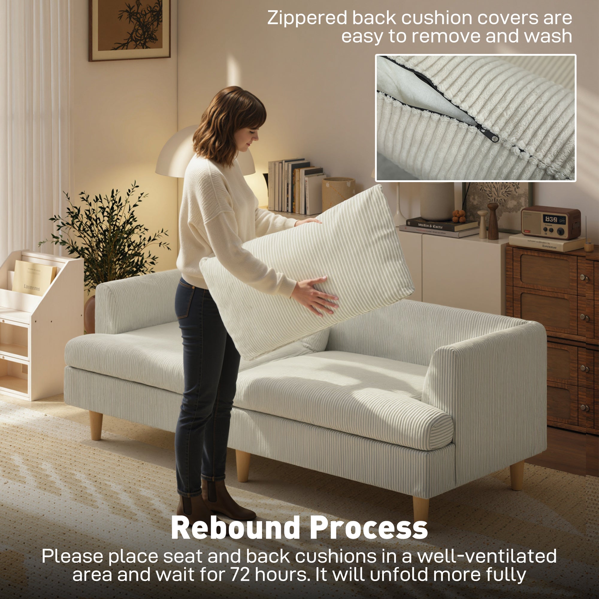 3 Seater Sofa, 74" Modern Corduroy Upholstered Couch with Thick Spring Cushions, Solid Wood Legs, Armrests, Beige