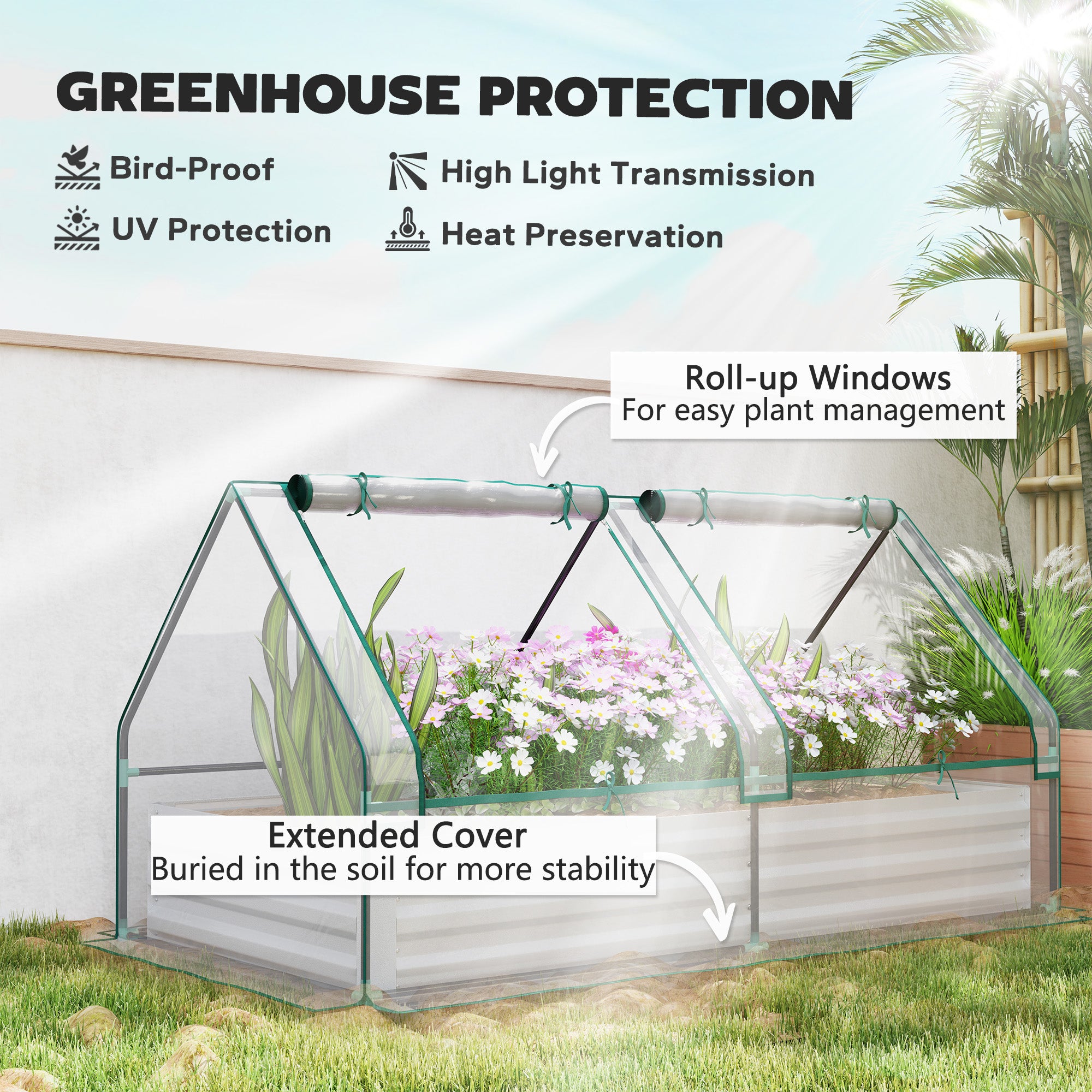 6' x 3' Metal Planter Box with Cover, Raised Garden Bed with Mini Greenhouse for Herbs, Vegetables, Clear and Silver
