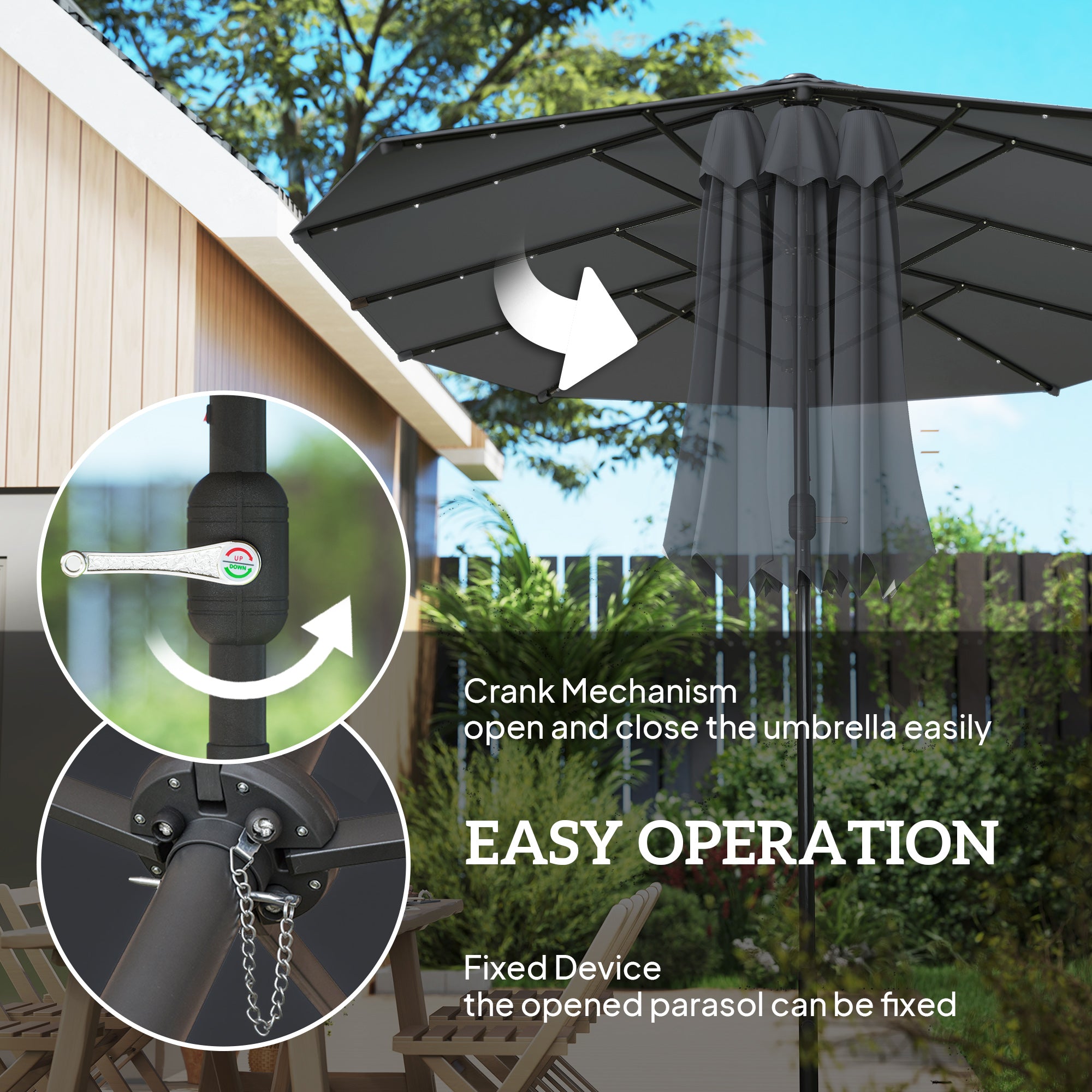 173" Double-Sided Sun Umbrella Garden Parasol Patio Sun Shade Outdoor with LED Solar Light, No Base Included, Dark Gre