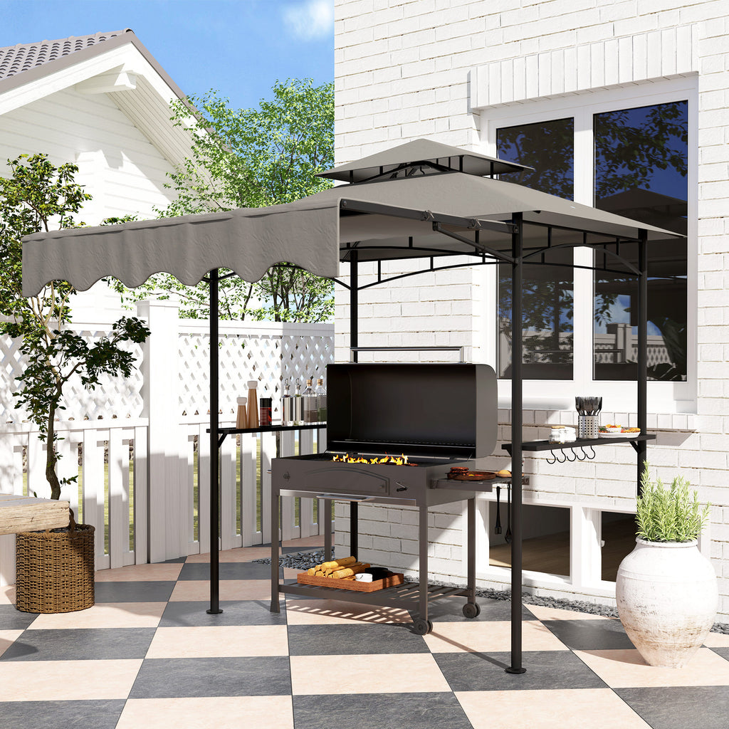 8' x 7.6' Grill Gazebo, Double Tiered Barbecue Grill Gazebo Shelter w/ Side Awning, 2 Side Shelves, 6 Hooks, Light Grey