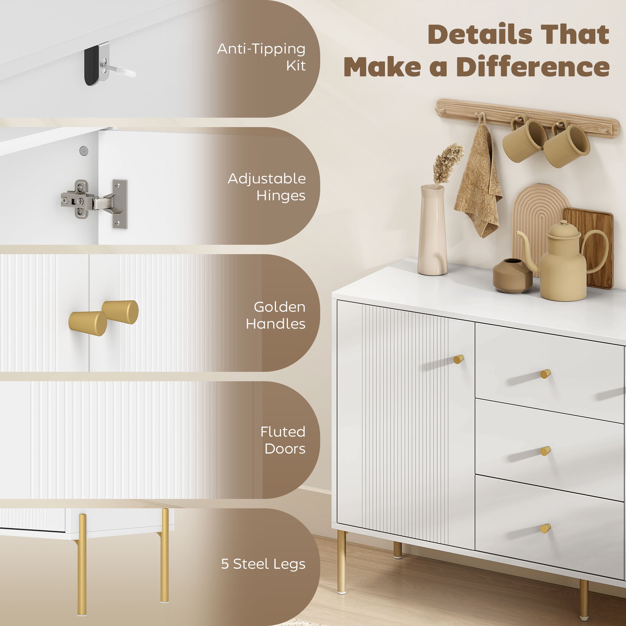 Buffet Cabinet, Modern Sideboard with 3 Soft-Close Drawers and 2 Adjustable Shelves for Living Room, Kitchen, White